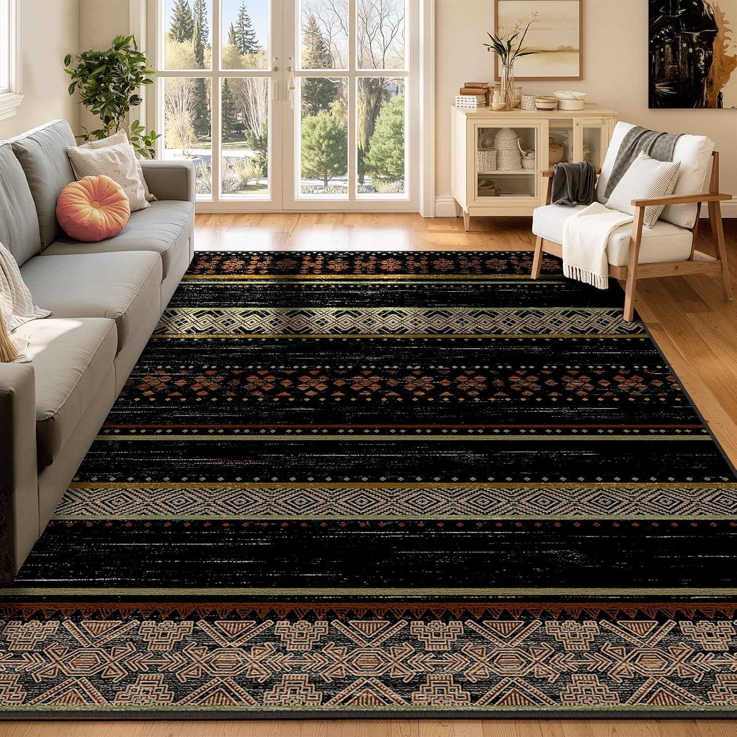 BESTSWEETIE 8x10 Area Rugs for Living Room Washable Moroccan Farmhouse Neutral Geometric Low Pile Non-Slip Soft Print Pattern Rug for Bedroom Kitchen Dining Room Entryway Black/White