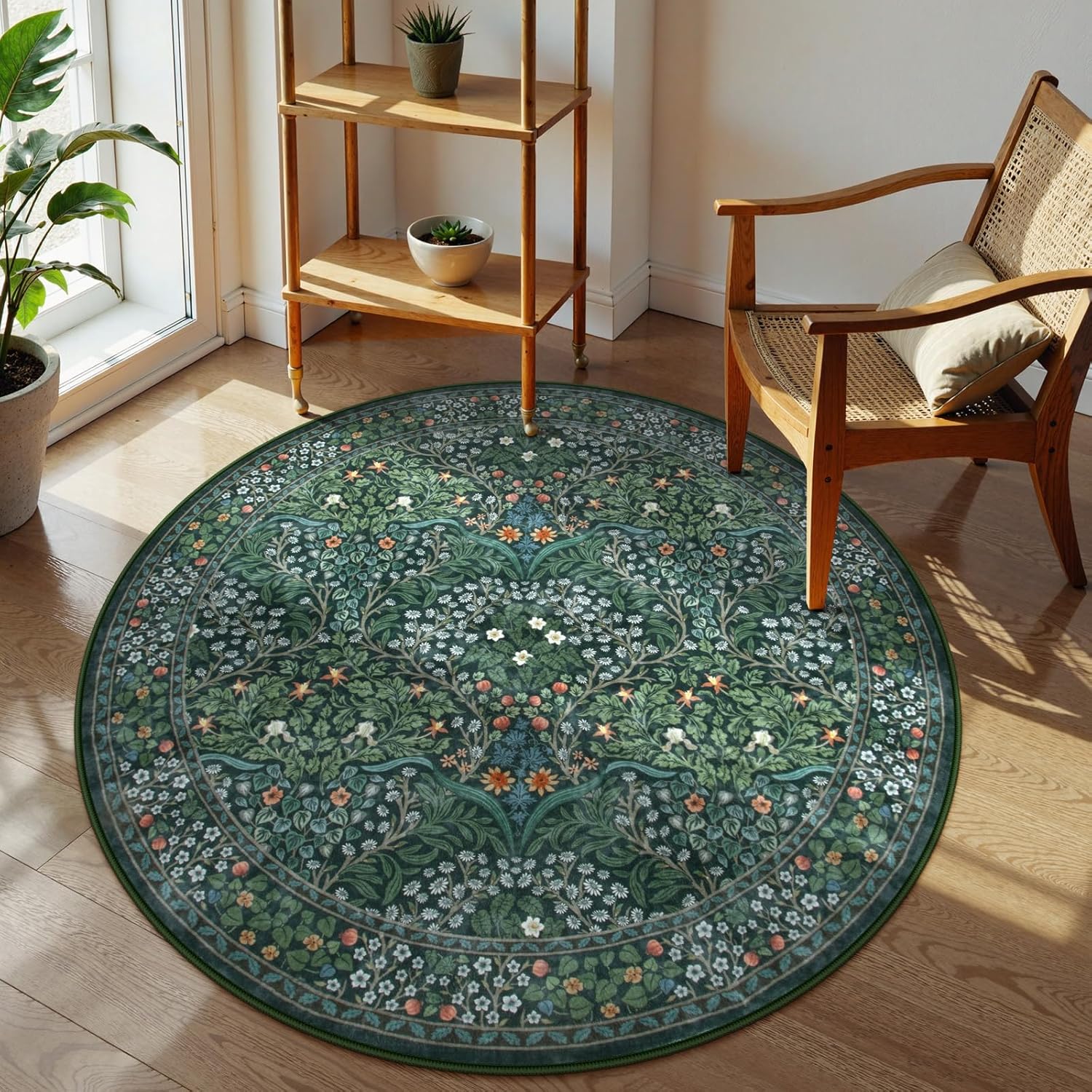 Lahome Floral Dark Green Area Rugs 8x10, Soft 8x10 Washable Rugs for Living Room Bedroom, Boho Non-Slip Forest Large Throw Carpet for Farmhouse Dining Room Office, Dark Green