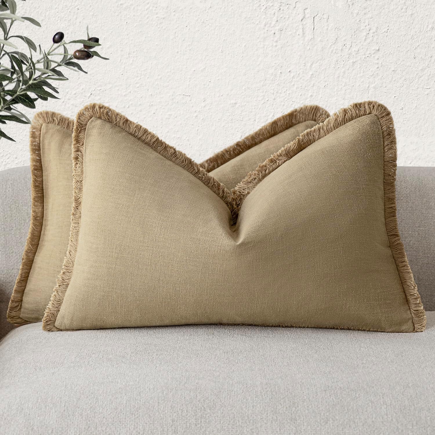 Foindtower Set of 2 Decorative Linen Fringe Throw Pillow Covers Cozy Boho Farmhouse Cushion Cover with Tassels Soft Accent Pillowcase for Couch Sofa Living Room Home Decor, 26×26 Inch, Natural Beige
