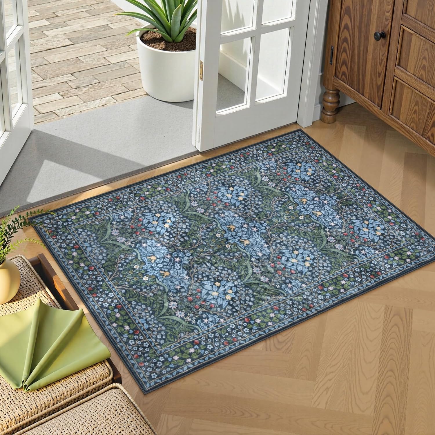 Lahome Floral Dark Green Area Rugs 8x10, Soft 8x10 Washable Rugs for Living Room Bedroom, Boho Non-Slip Forest Large Throw Carpet for Farmhouse Dining Room Office, Dark Green