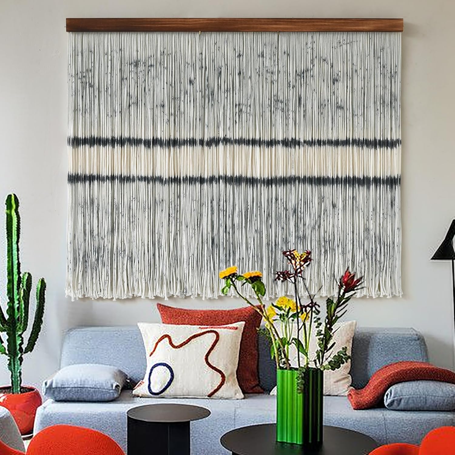 Flber Large Macrame Wall Hanging – Boho Yarn Art Garland with Tassels and Beads, Handmade Rope Decor for Nursery, Party, Wedding, Bedroom, Fireplace Mantel, or Photo Backdrop 57" W x 41" L