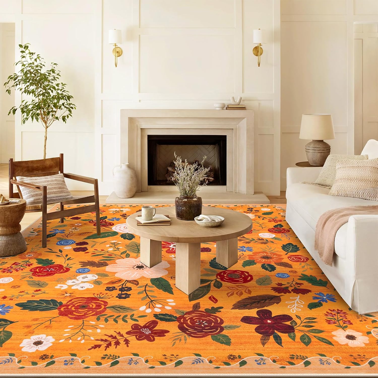 U'Artlines Boho Vintage Area Rug 8x10 Machine Washable Low Pile Soft Floor Carpet Non Slip Non Shedding Accent Rug for Living Room Bedroom Entryway Dining Room Office Cream Tan