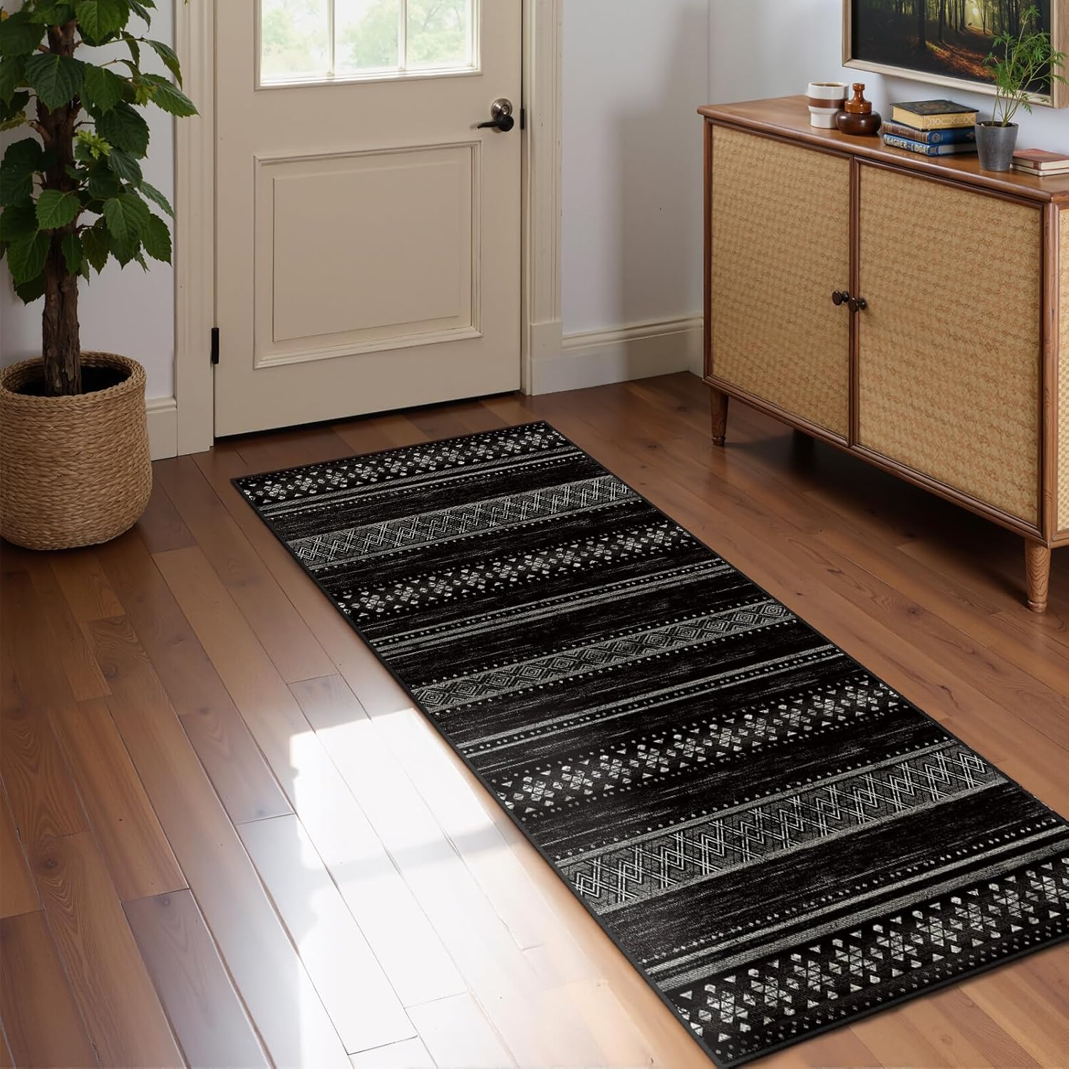 BESTSWEETIE 8x10 Area Rugs for Living Room Washable Moroccan Farmhouse Neutral Geometric Low Pile Non-Slip Soft Print Pattern Rug for Bedroom Kitchen Dining Room Entryway Black/Brown