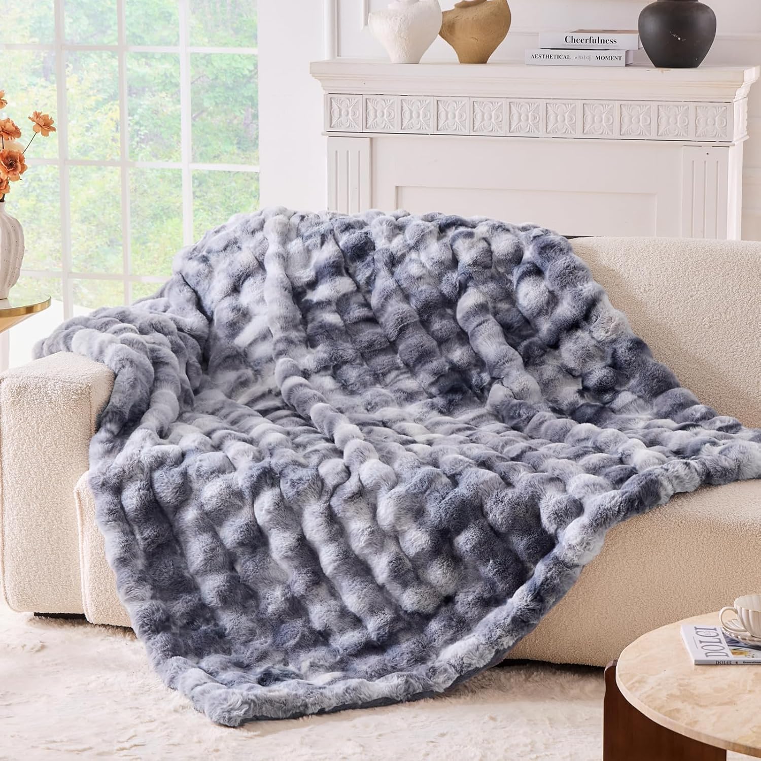 BENVWE Fluffy Faux Fur Throw Blanket for Couch, Soft Plush Thick Cozy Fuzzy Luxury Minky Bubble Blanket for Home Living Room Decor Gift for Women, Tie-dye Coffee, 50" x 60", 1100GSM