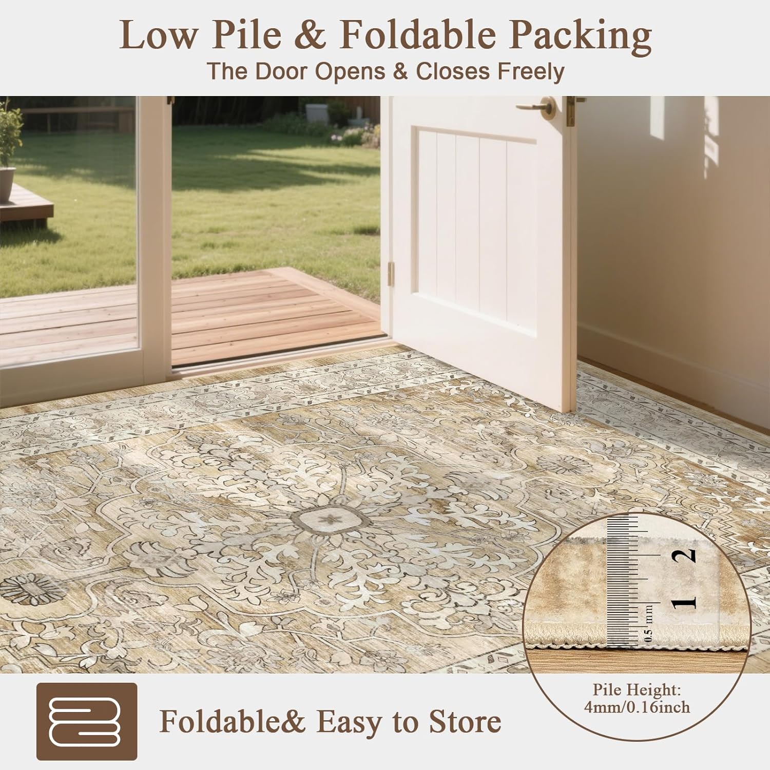 U'Artlines Boho Vintage Area Rug 8x10 Machine Washable Low Pile Soft Floor Carpet Non Slip Non Shedding Accent Rug for Living Room Bedroom Entryway Dining Room Office Cream Tan