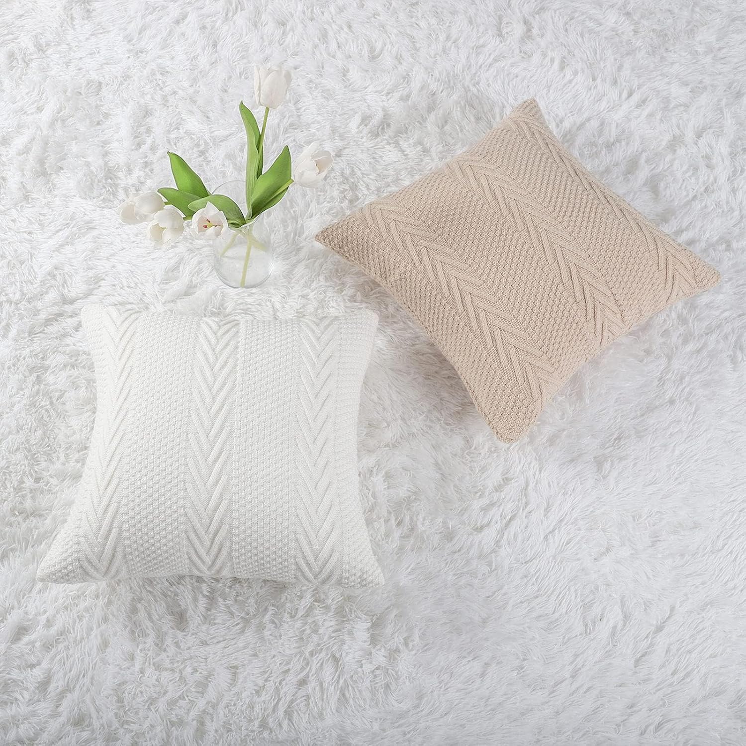 MANDIOO Cotton Knitted Decorative Throw Pillow Covers Soft Cozy Outdoor Cushion Cases Luxury Modern Pillowcases for Couch Sofa Bed 24x24 Inches Beige