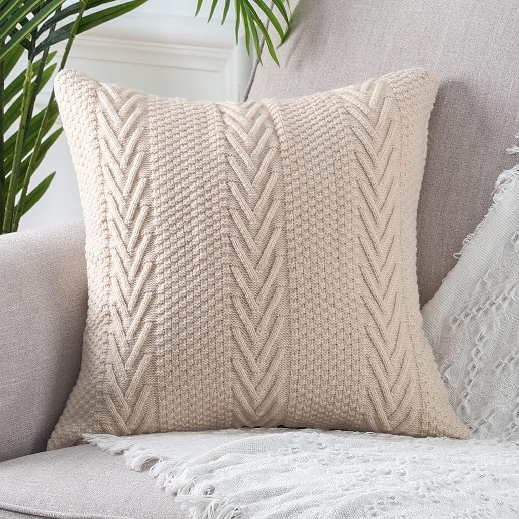 MANDIOO Cotton Knitted Decorative Throw Pillow Covers Soft Cozy Outdoor Cushion Cases Luxury Modern Pillowcases for Couch Sofa Bed 24x24 Inches Beige