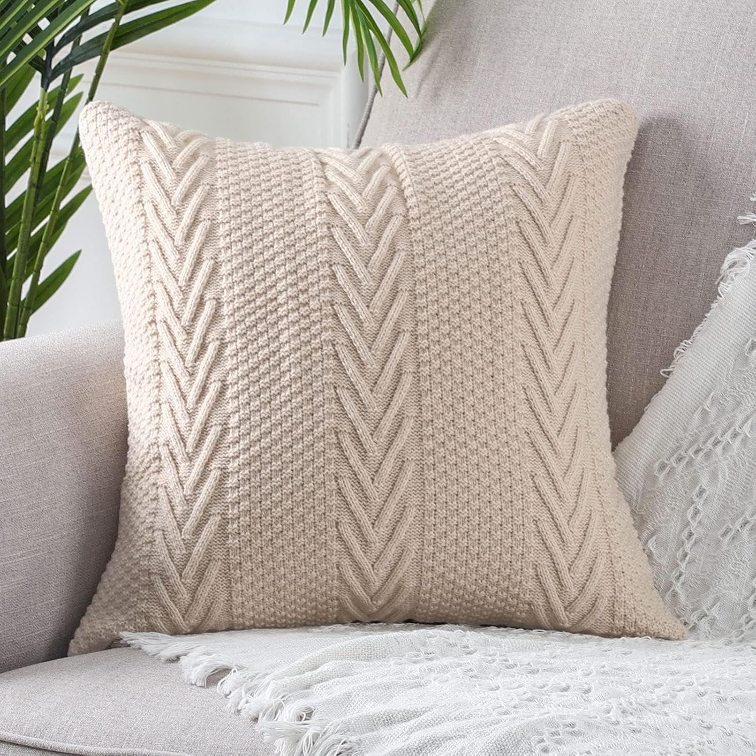 MANDIOO Cotton Knitted Decorative Throw Pillow Covers Soft Cozy Outdoor Cushion Cases Luxury Modern Pillowcases for Couch Sofa Bed 24x24 Inches Beige