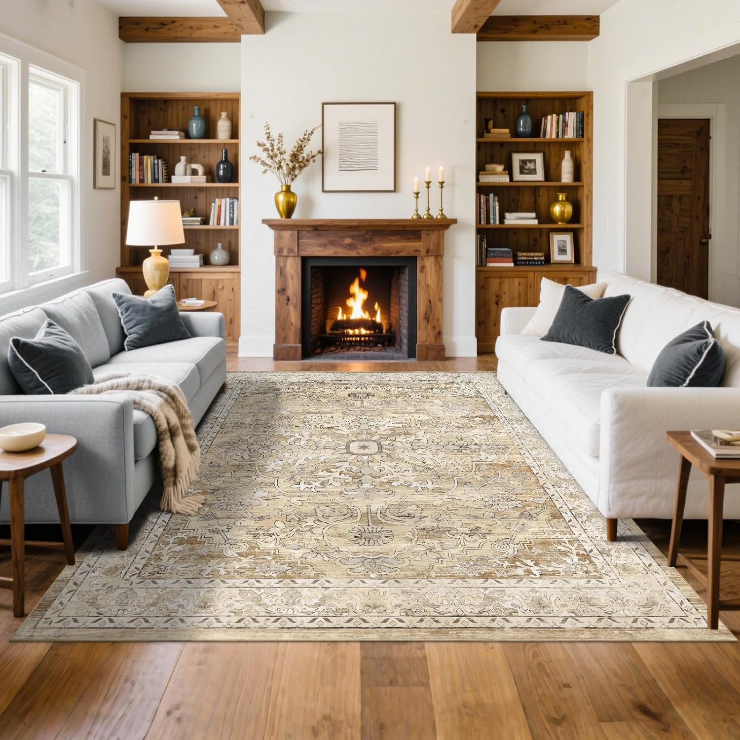 U'Artlines Boho Vintage Area Rug 8x10 Machine Washable Low Pile Soft Floor Carpet Non Slip Non Shedding Accent Rug for Living Room Bedroom Entryway Dining Room Office Cream Tan