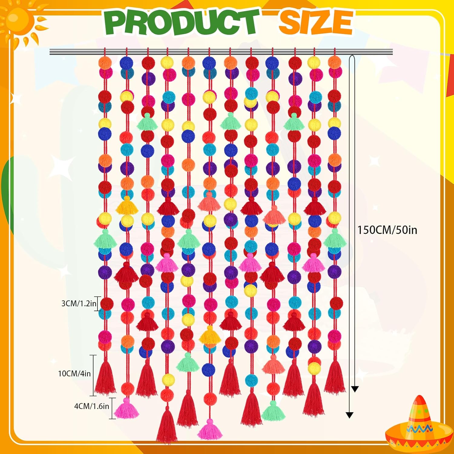 VitalCozy 12 Pcs Mexican Pom Pom Garland Colorful 59 Feet Fiesta Alter Yarn Tassel Day of The Dead Decorations Cinco De Mayo Party Decoration Mexican Tassel Garland Wool Ball Decor