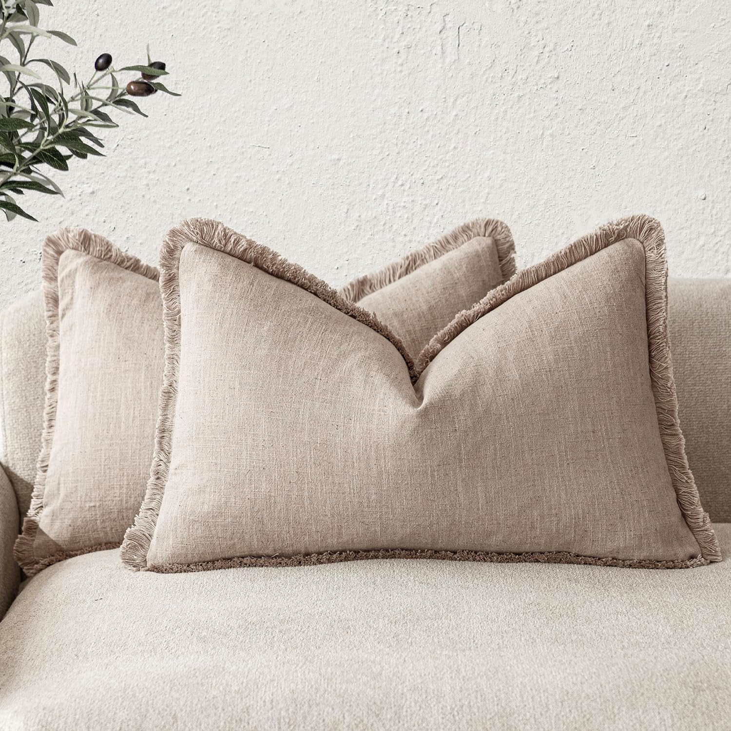 Foindtower Set of 2 Decorative Linen Fringe Throw Pillow Covers Cozy Boho Farmhouse Cushion Cover with Tassels Soft Accent Pillowcase for Couch Sofa Living Room Home Decor, 26×26 Inch, Natural Beige