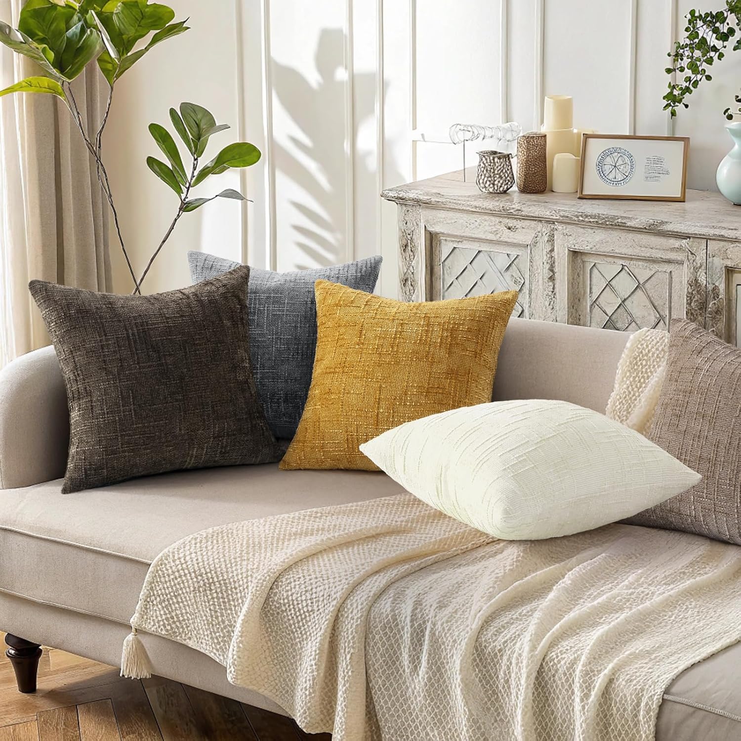 decorUhome Spring Cream White Chenille Euro Sham Throw Pillow Covers 22x22 Set of 2 Textured Soft Cozy Slubby Couch Pillow Covers Modern Farmhouse Boho Decorative Pillow Cases for Bed Sofa Living Room