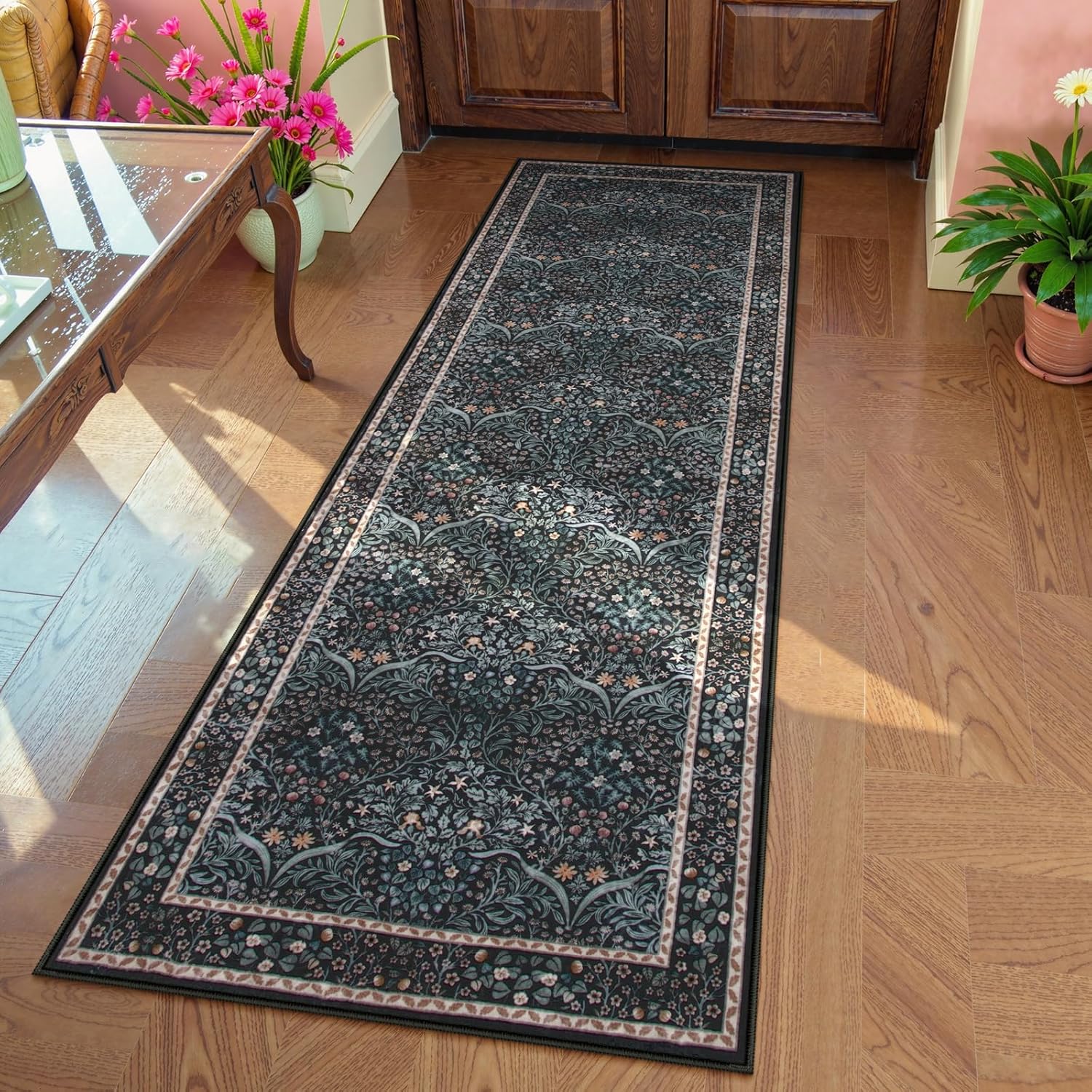 Lahome Floral Dark Green Area Rugs 8x10, Soft 8x10 Washable Rugs for Living Room Bedroom, Boho Non-Slip Forest Large Throw Carpet for Farmhouse Dining Room Office, Dark Green