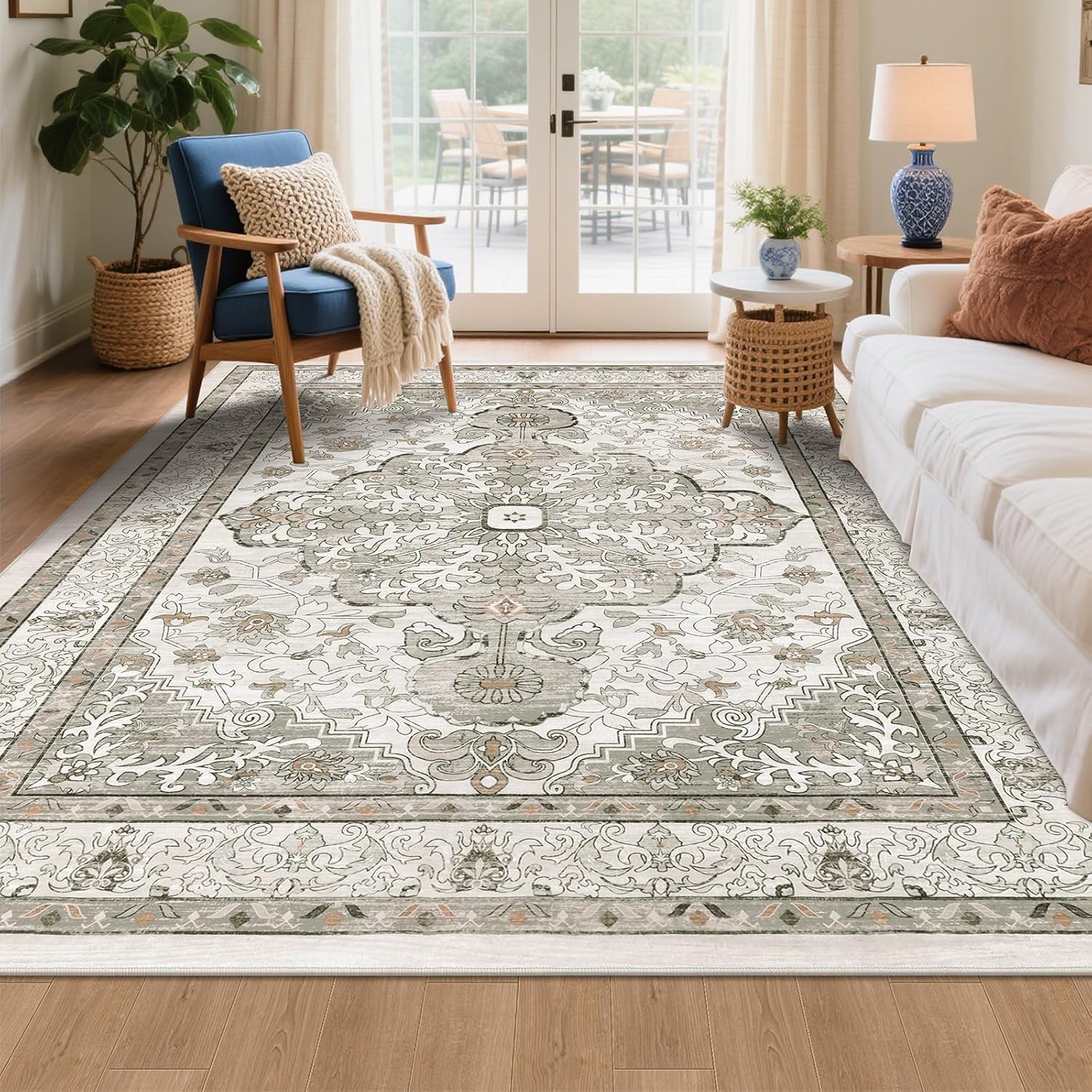 U'Artlines Boho Vintage Area Rug 8x10 Machine Washable Low Pile Soft Floor Carpet Non Slip Non Shedding Accent Rug for Living Room Bedroom Entryway Dining Room Office Cream Tan
