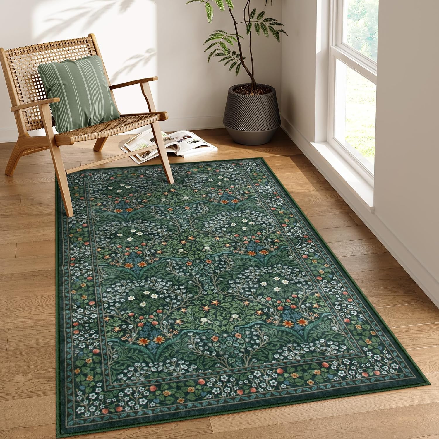 Lahome Floral Dark Green Area Rugs 8x10, Soft 8x10 Washable Rugs for Living Room Bedroom, Boho Non-Slip Forest Large Throw Carpet for Farmhouse Dining Room Office, Dark Green