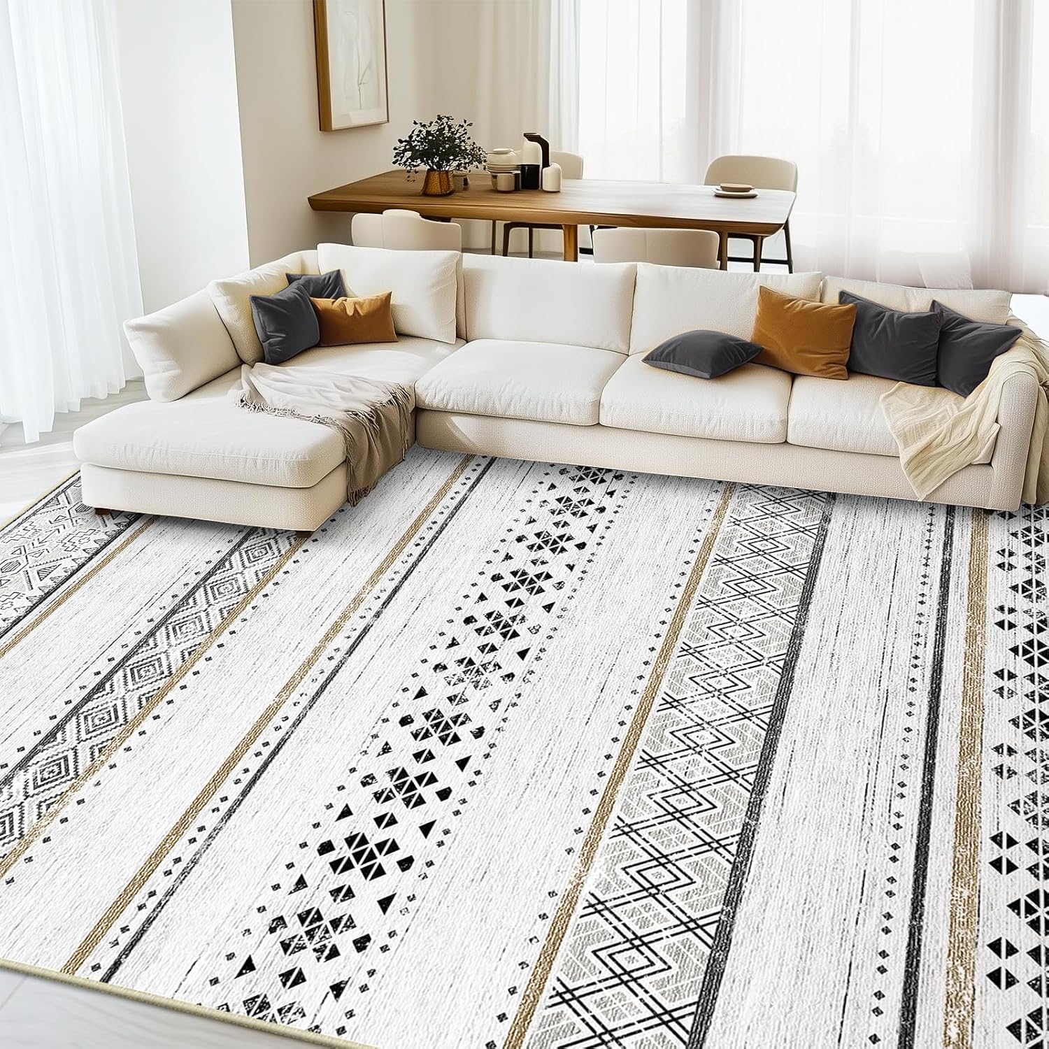 BESTSWEETIE 8x10 Area Rugs for Living Room Washable Moroccan Farmhouse Neutral Geometric Low Pile Non-Slip Soft Print Pattern Rug for Bedroom Kitchen Dining Room Entryway Black/Brown