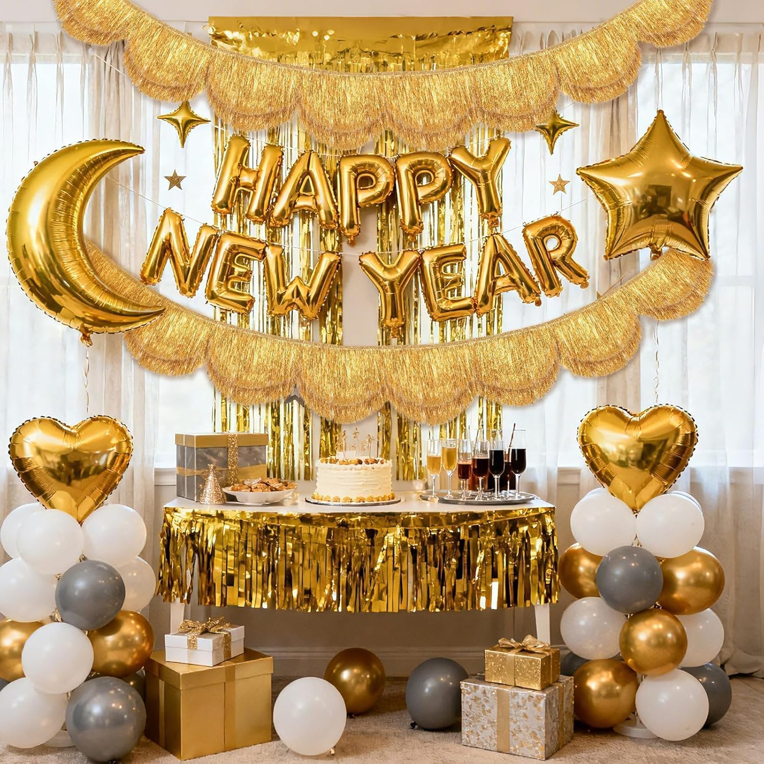 2 Pcs 7.87 ft Gold Fringe Banner, Scalloped Layered Tassel Banner, Gold Fringe Galand Party Decoration Backdrop Photo Booth for Holiday Birthday Bachelorette Wedding Bridal Shower Disco