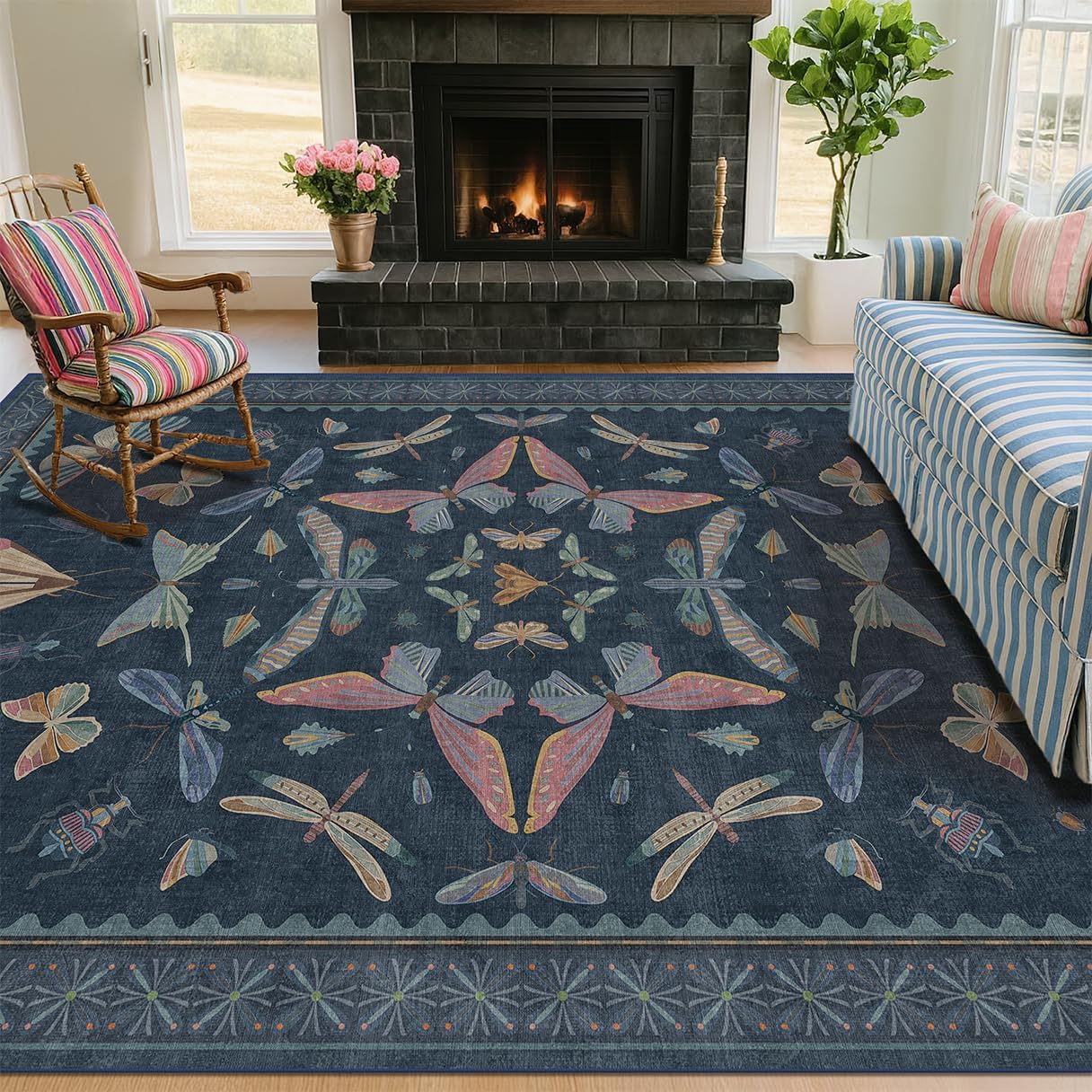 Living Room Rug Black Boho 6x9 - Dining Room Rugs for Under Table, Bedroom, Insect Bug Eclectic Home Décor, Washable Non Slip Foldable