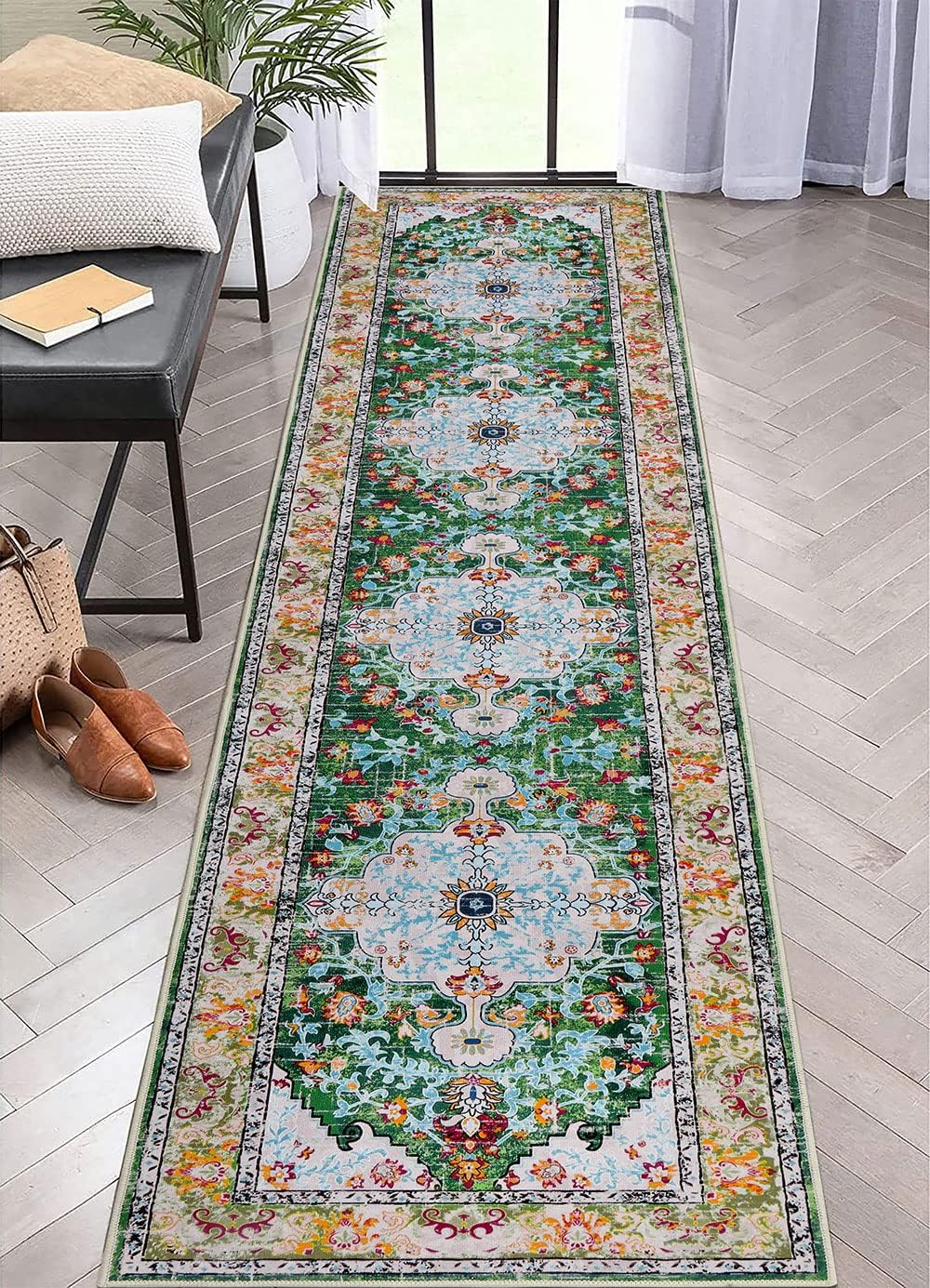 U'Artlines Boho Vintage Area Rug 8x10 Machine Washable Low Pile Soft Floor Carpet Non Slip Non Shedding Accent Rug for Living Room Bedroom Entryway Dining Room Office Cream Tan