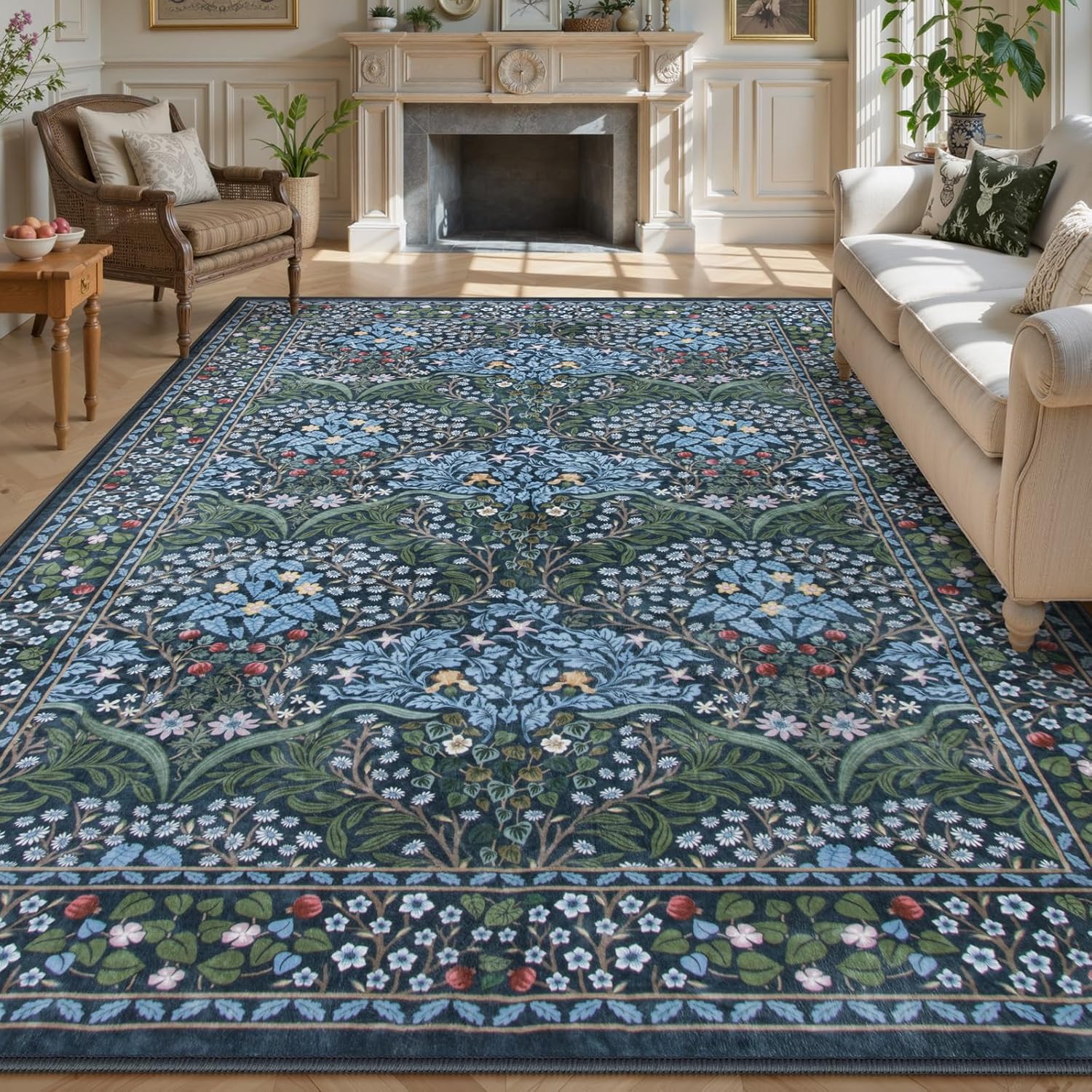 Lahome Floral Dark Green Area Rugs 8x10, Soft 8x10 Washable Rugs for Living Room Bedroom, Boho Non-Slip Forest Large Throw Carpet for Farmhouse Dining Room Office, Dark Green