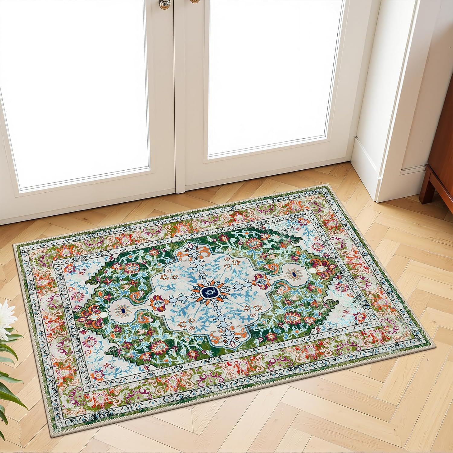 U'Artlines Boho Vintage Area Rug 8x10 Machine Washable Low Pile Soft Floor Carpet Non Slip Non Shedding Accent Rug for Living Room Bedroom Entryway Dining Room Office Cream Tan