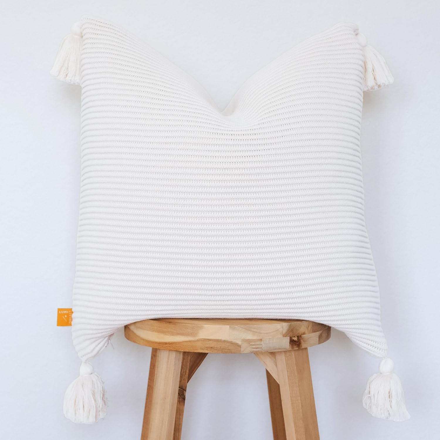 Soft Cotton Throw Pillow Cover in Neutral Beige with Ribbed Knit Texture and Tassel Corners Decorative Accent for Couch or Bed (20x20, Neutral)