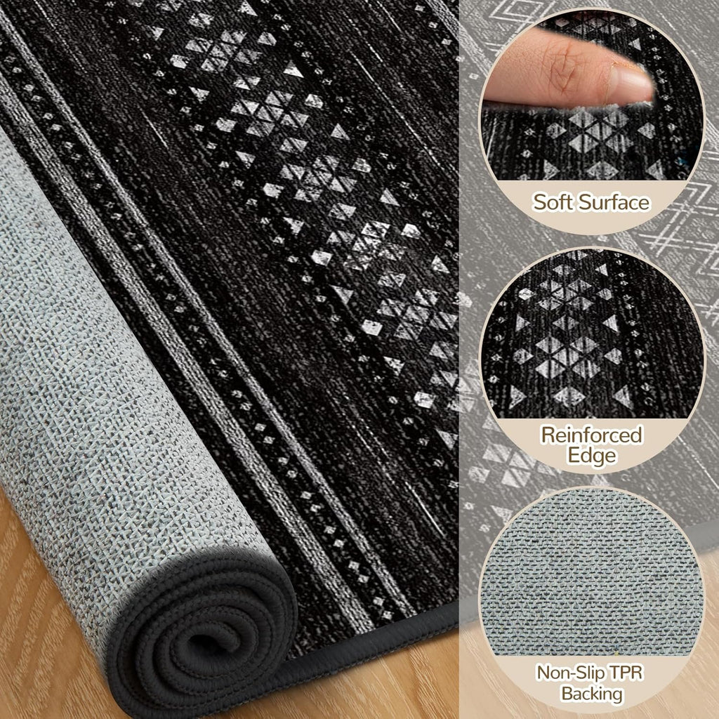 BESTSWEETIE 8x10 Area Rugs for Living Room Washable Moroccan Farmhouse Neutral Geometric Low Pile Non-Slip Soft Print Pattern Rug for Bedroom Kitchen Dining Room Entryway Black/White