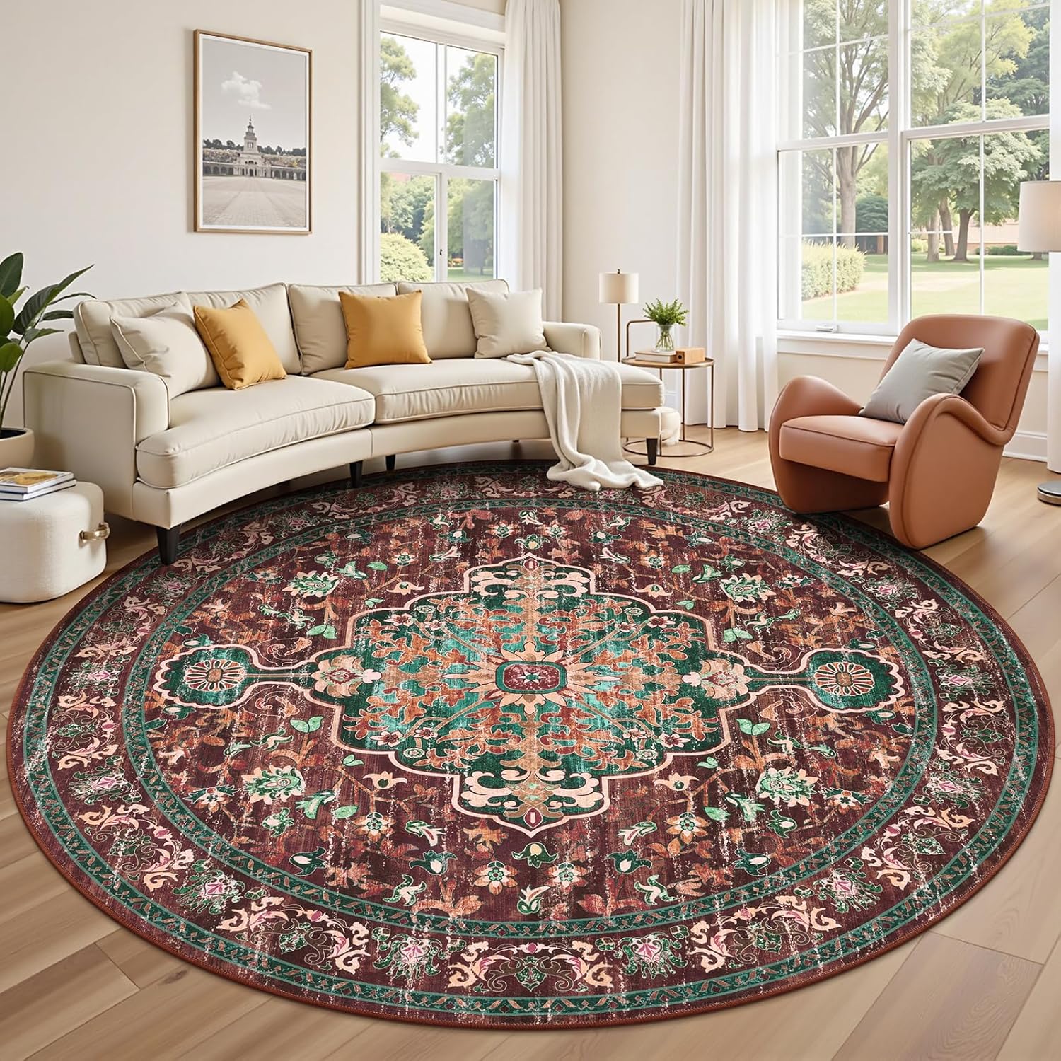 U'Artlines Boho Vintage Area Rug 8x10 Machine Washable Low Pile Soft Floor Carpet Non Slip Non Shedding Accent Rug for Living Room Bedroom Entryway Dining Room Office Cream Tan