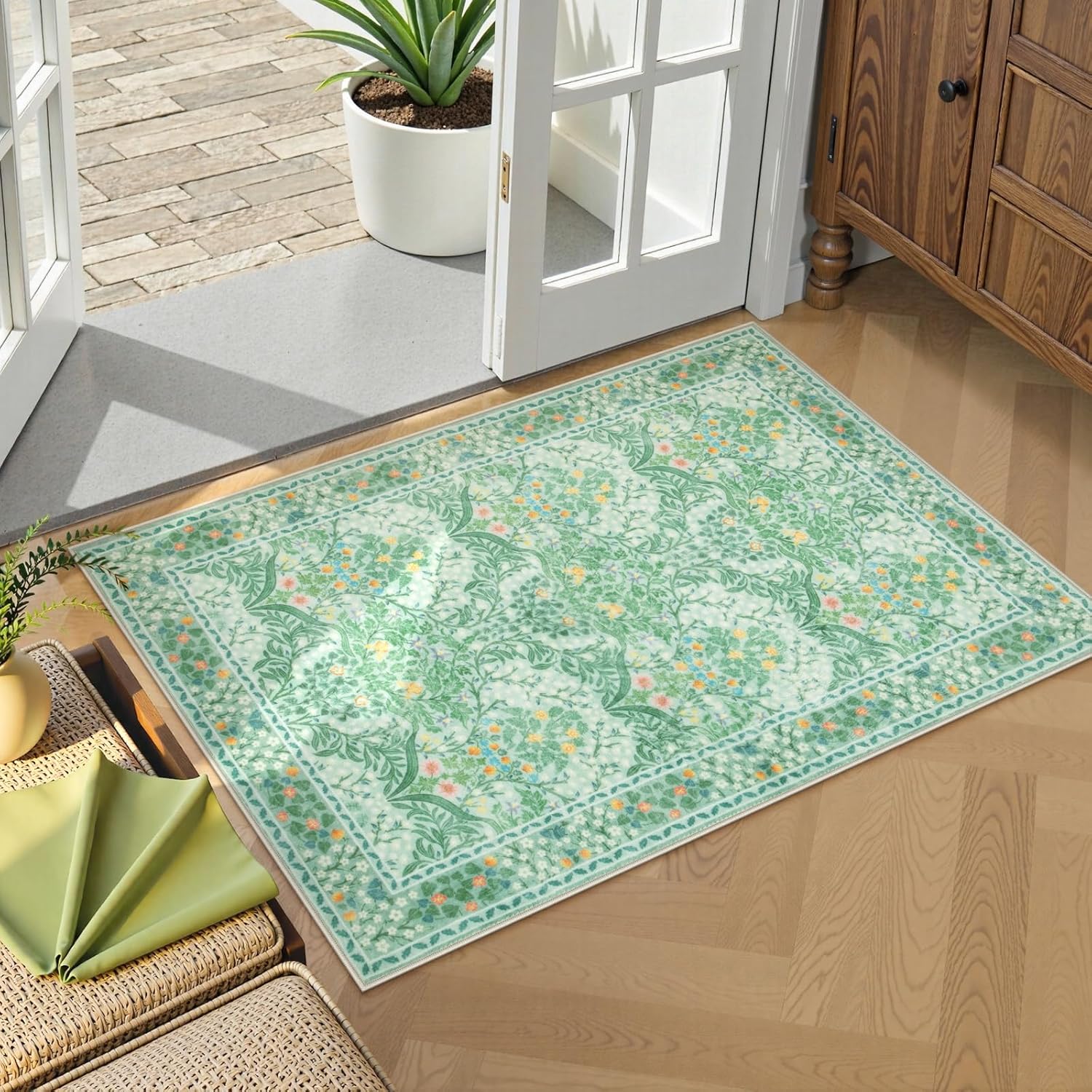 Lahome Floral Dark Green Area Rugs 8x10, Soft 8x10 Washable Rugs for Living Room Bedroom, Boho Non-Slip Forest Large Throw Carpet for Farmhouse Dining Room Office, Dark Green