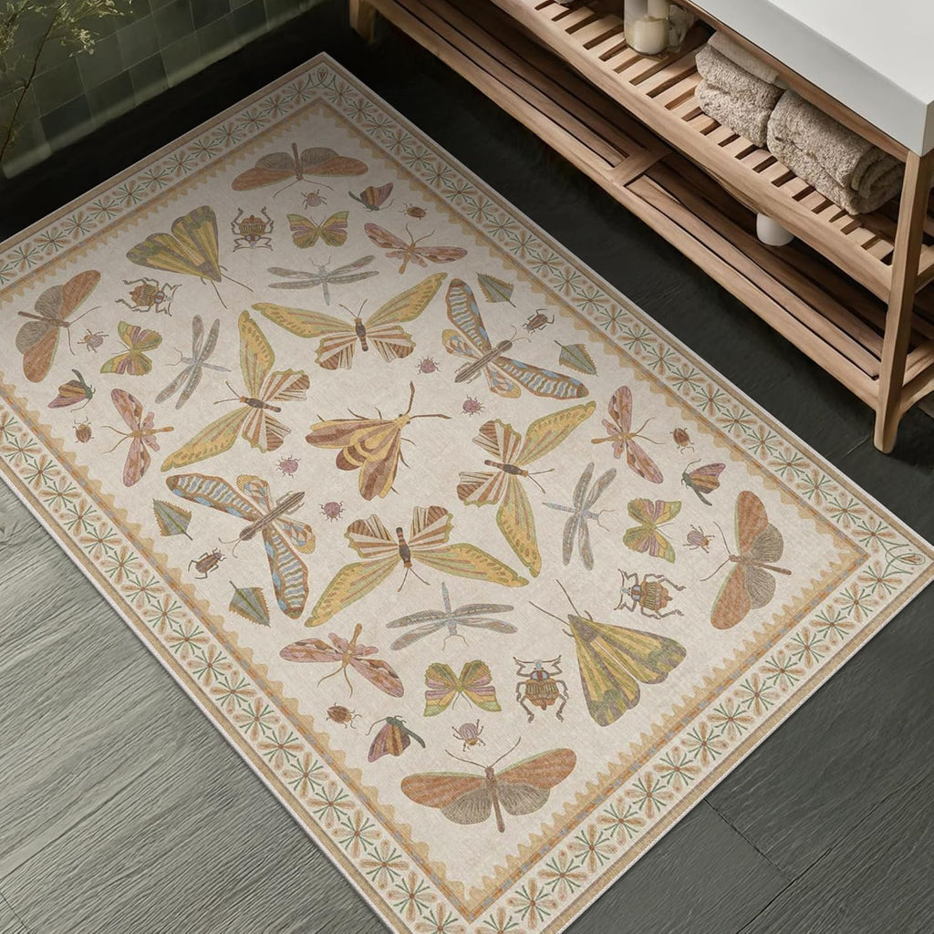 Living Room Rug Black Boho 6x9 - Dining Room Rugs for Under Table, Bedroom, Insect Bug Eclectic Home Décor, Washable Non Slip Foldable