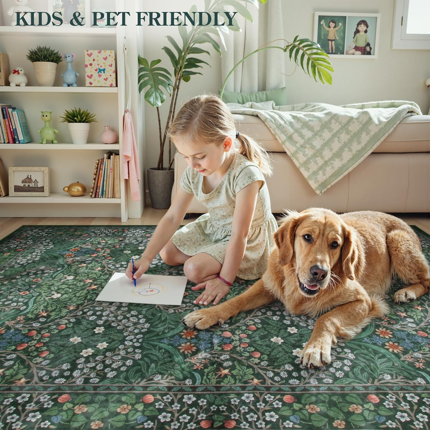 Lahome Floral Dark Green Area Rugs 8x10, Soft 8x10 Washable Rugs for Living Room Bedroom, Boho Non-Slip Forest Large Throw Carpet for Farmhouse Dining Room Office, Dark Green