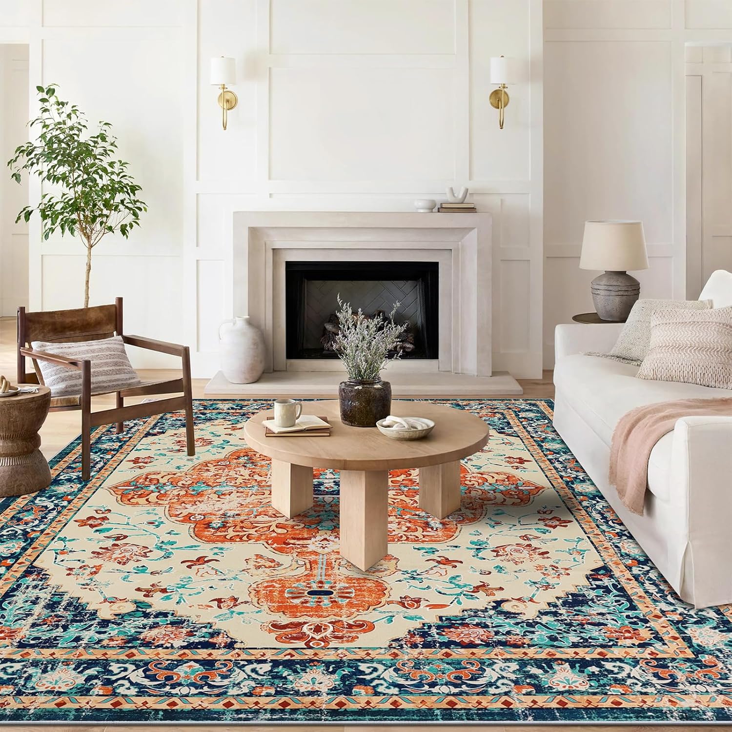 U'Artlines Boho Vintage Area Rug 8x10 Machine Washable Low Pile Soft Floor Carpet Non Slip Non Shedding Accent Rug for Living Room Bedroom Entryway Dining Room Office Cream Tan