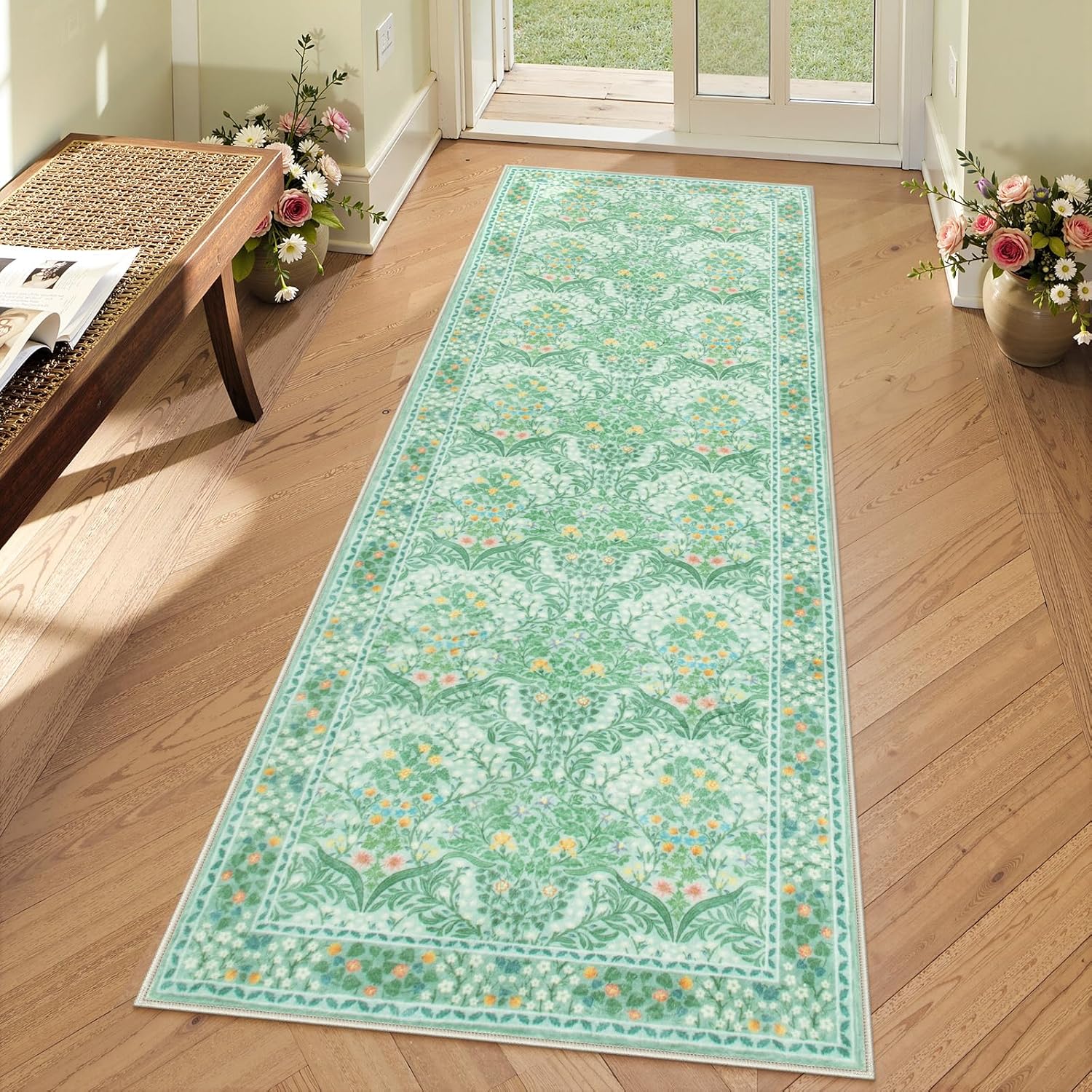 Lahome Floral Dark Green Area Rugs 8x10, Soft 8x10 Washable Rugs for Living Room Bedroom, Boho Non-Slip Forest Large Throw Carpet for Farmhouse Dining Room Office, Dark Green