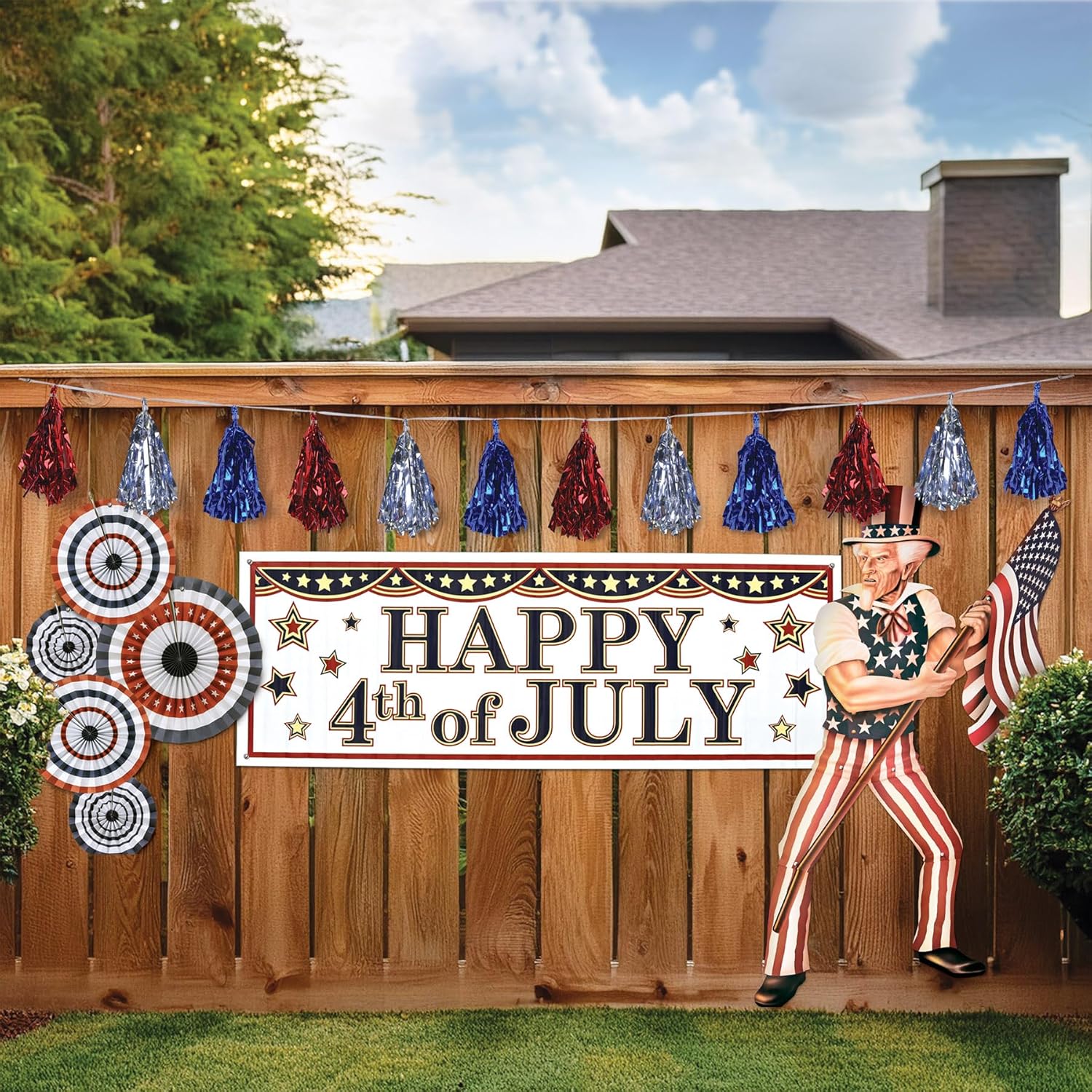 Beistle Beistle , 2 Piece Metallic Tassel Garlands, 9.75" x 8', 9.75" x 8', Red/Silver/Blue