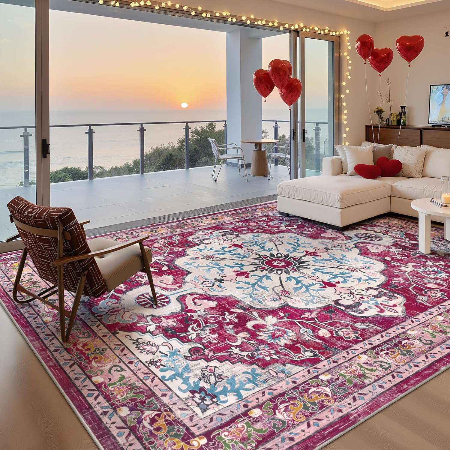 U'Artlines Boho Vintage Area Rug 8x10 Machine Washable Low Pile Soft Floor Carpet Non Slip Non Shedding Accent Rug for Living Room Bedroom Entryway Dining Room Office Cream Tan