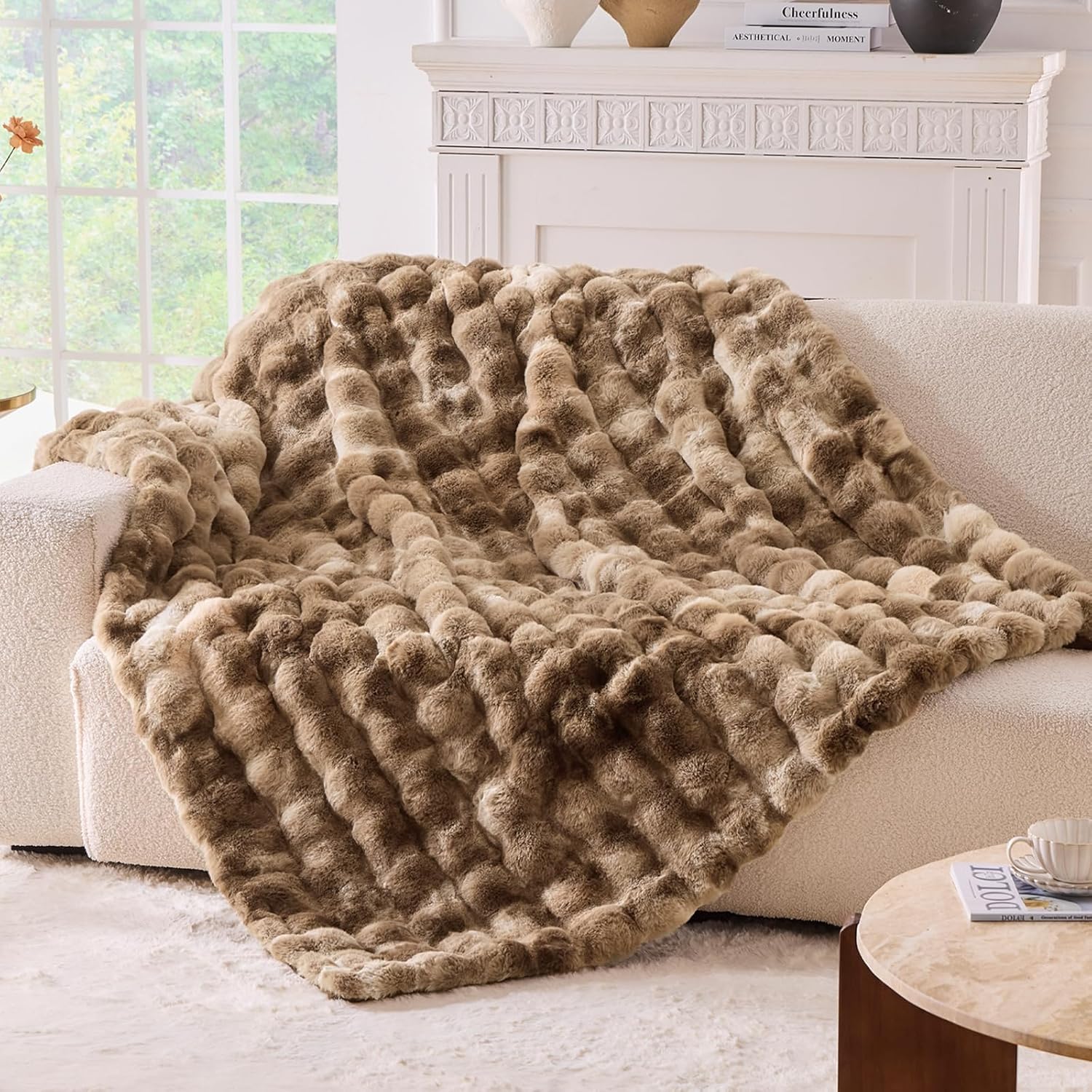 BENVWE Fluffy Faux Fur Throw Blanket for Couch, Soft Plush Thick Cozy Fuzzy Luxury Minky Bubble Blanket for Home Living Room Decor Gift for Women, Tie-dye Coffee, 50" x 60", 1100GSM