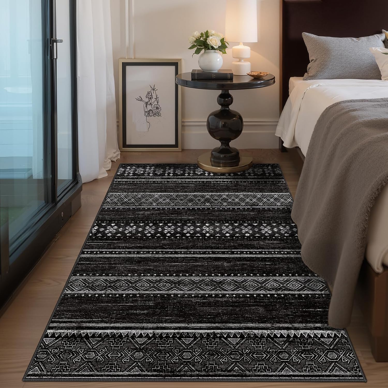 BESTSWEETIE 8x10 Area Rugs for Living Room Washable Moroccan Farmhouse Neutral Geometric Low Pile Non-Slip Soft Print Pattern Rug for Bedroom Kitchen Dining Room Entryway Black/White