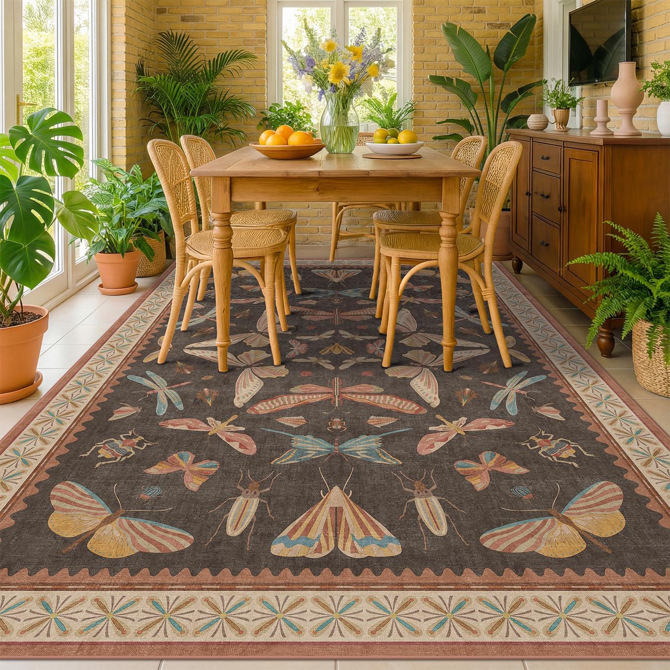 Living Room Rug Black Boho 6x9 - Dining Room Rugs for Under Table, Bedroom, Insect Bug Eclectic Home Décor, Washable Non Slip Foldable