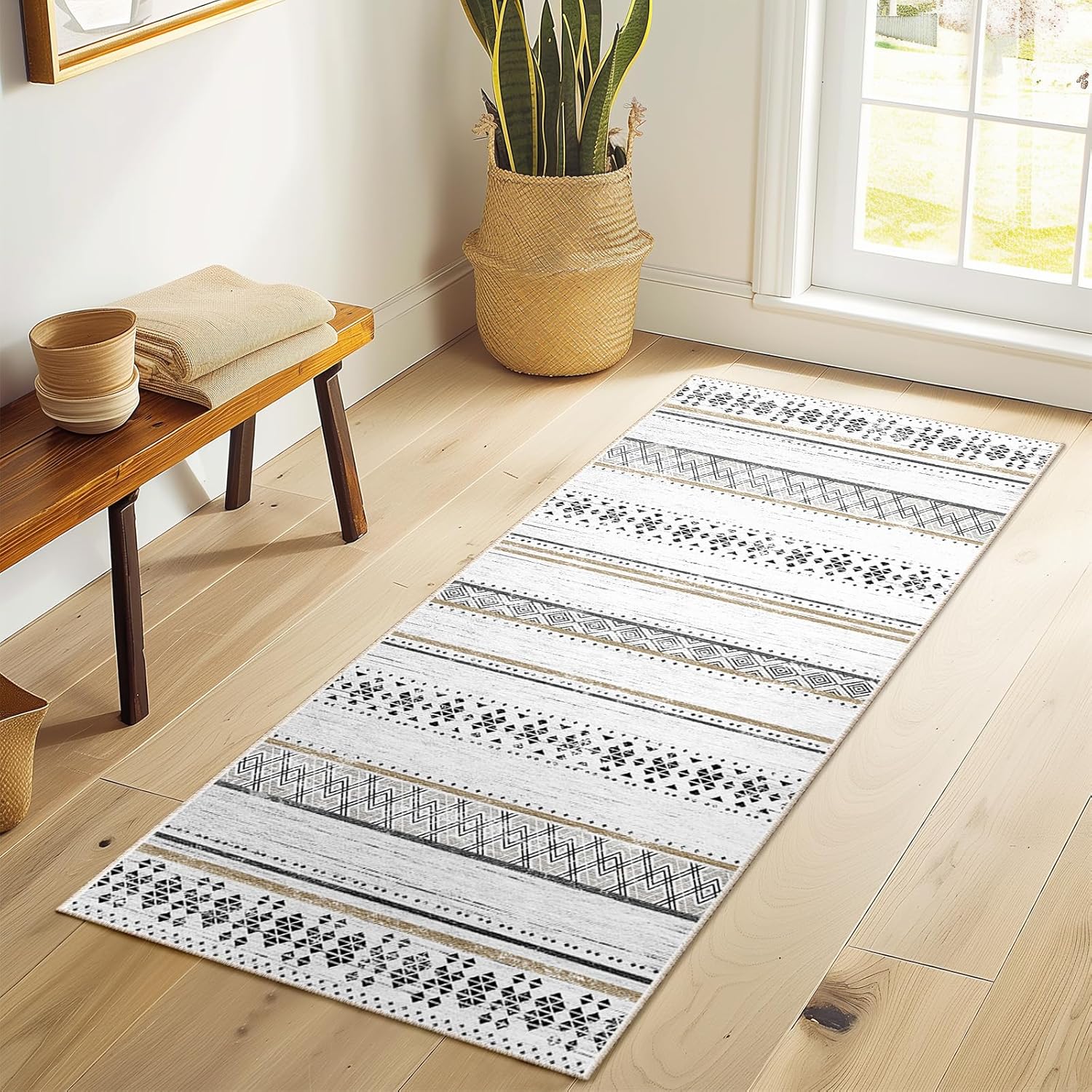 BESTSWEETIE 8x10 Area Rugs for Living Room Washable Moroccan Farmhouse Neutral Geometric Low Pile Non-Slip Soft Print Pattern Rug for Bedroom Kitchen Dining Room Entryway Black/White