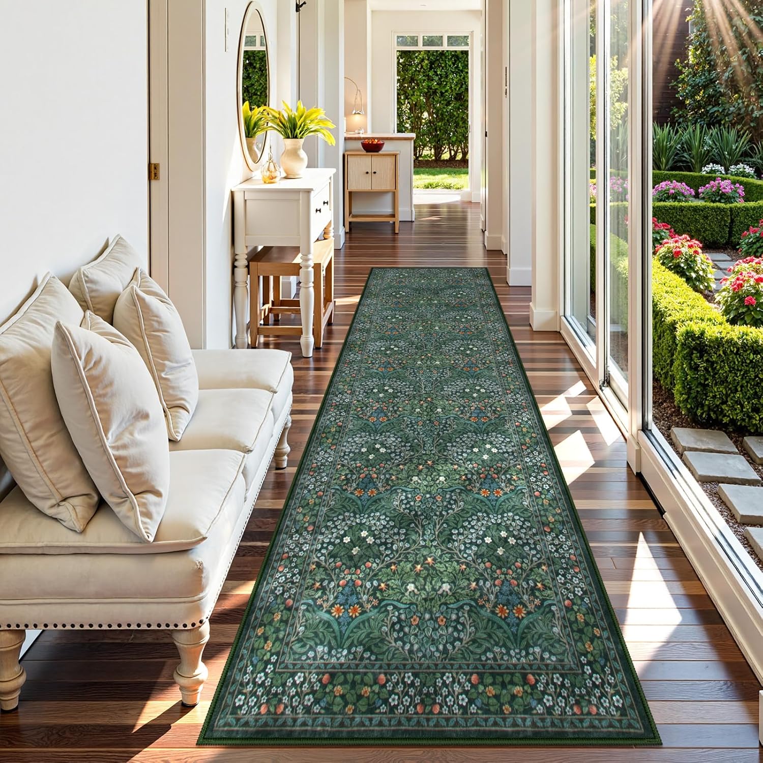 Lahome Floral Dark Green Area Rugs 8x10, Soft 8x10 Washable Rugs for Living Room Bedroom, Boho Non-Slip Forest Large Throw Carpet for Farmhouse Dining Room Office, Dark Green