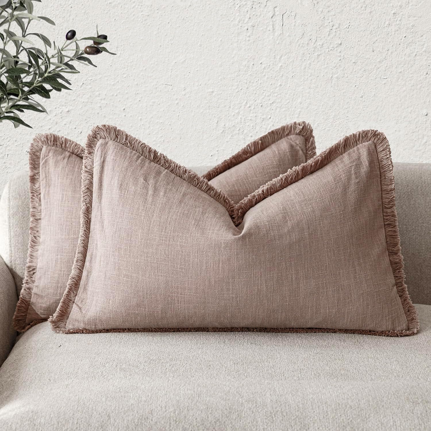 Foindtower Set of 2 Decorative Linen Fringe Throw Pillow Covers Cozy Boho Farmhouse Cushion Cover with Tassels Soft Accent Pillowcase for Couch Sofa Living Room Home Decor, 26×26 Inch, Natural Beige