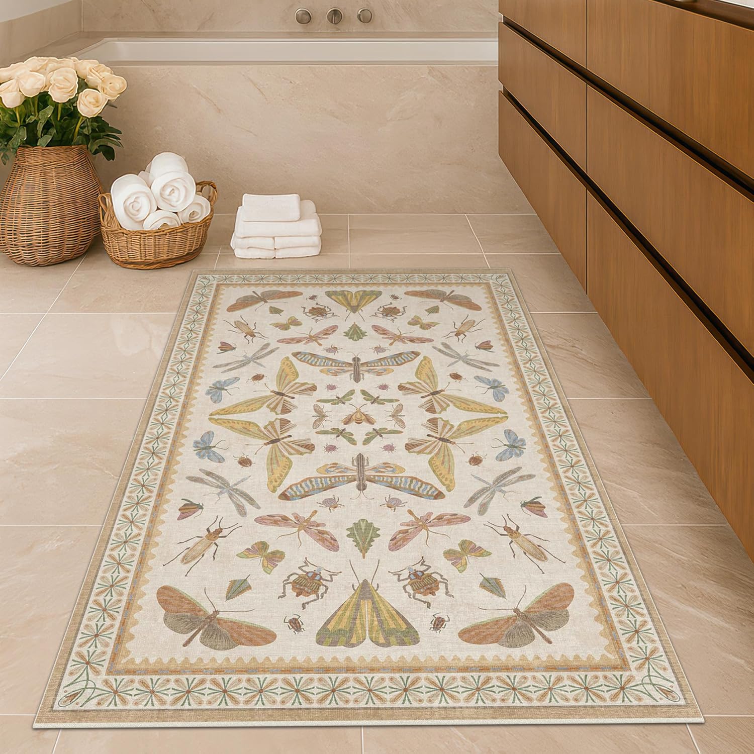 Living Room Rug Black Boho 6x9 - Dining Room Rugs for Under Table, Bedroom, Insect Bug Eclectic Home Décor, Washable Non Slip Foldable