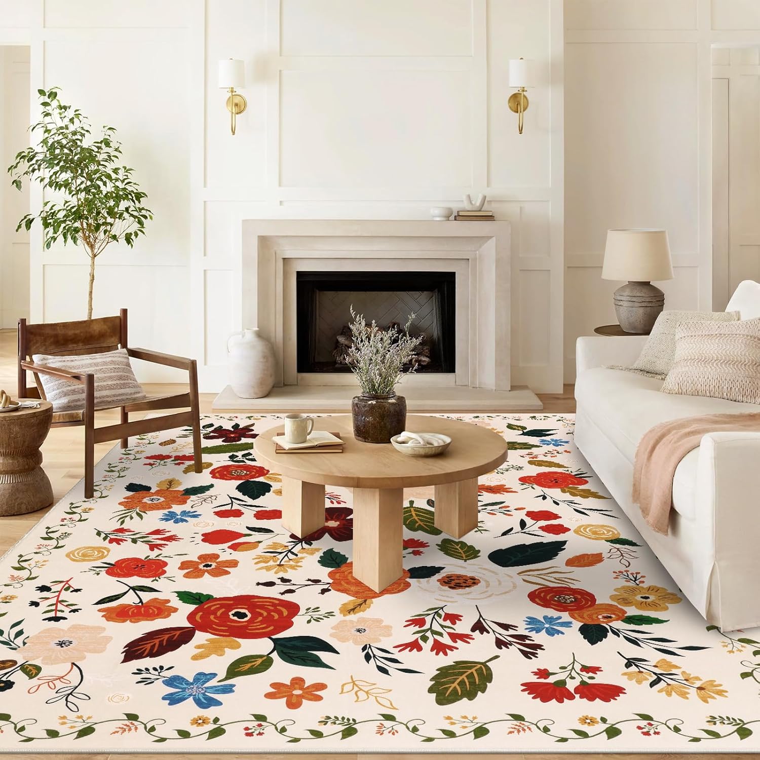 U'Artlines Boho Vintage Area Rug 8x10 Machine Washable Low Pile Soft Floor Carpet Non Slip Non Shedding Accent Rug for Living Room Bedroom Entryway Dining Room Office Cream Tan