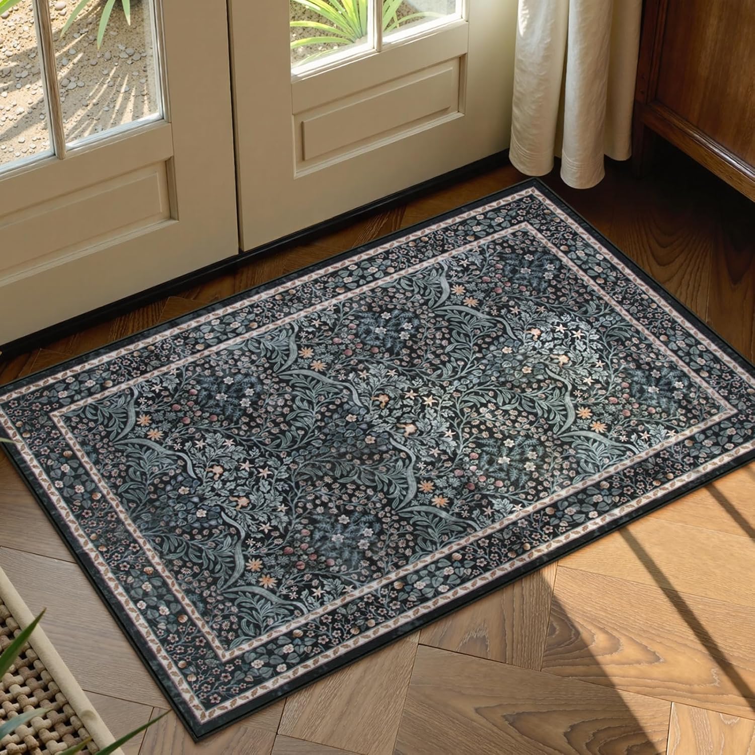 Lahome Floral Dark Green Area Rugs 8x10, Soft 8x10 Washable Rugs for Living Room Bedroom, Boho Non-Slip Forest Large Throw Carpet for Farmhouse Dining Room Office, Dark Green