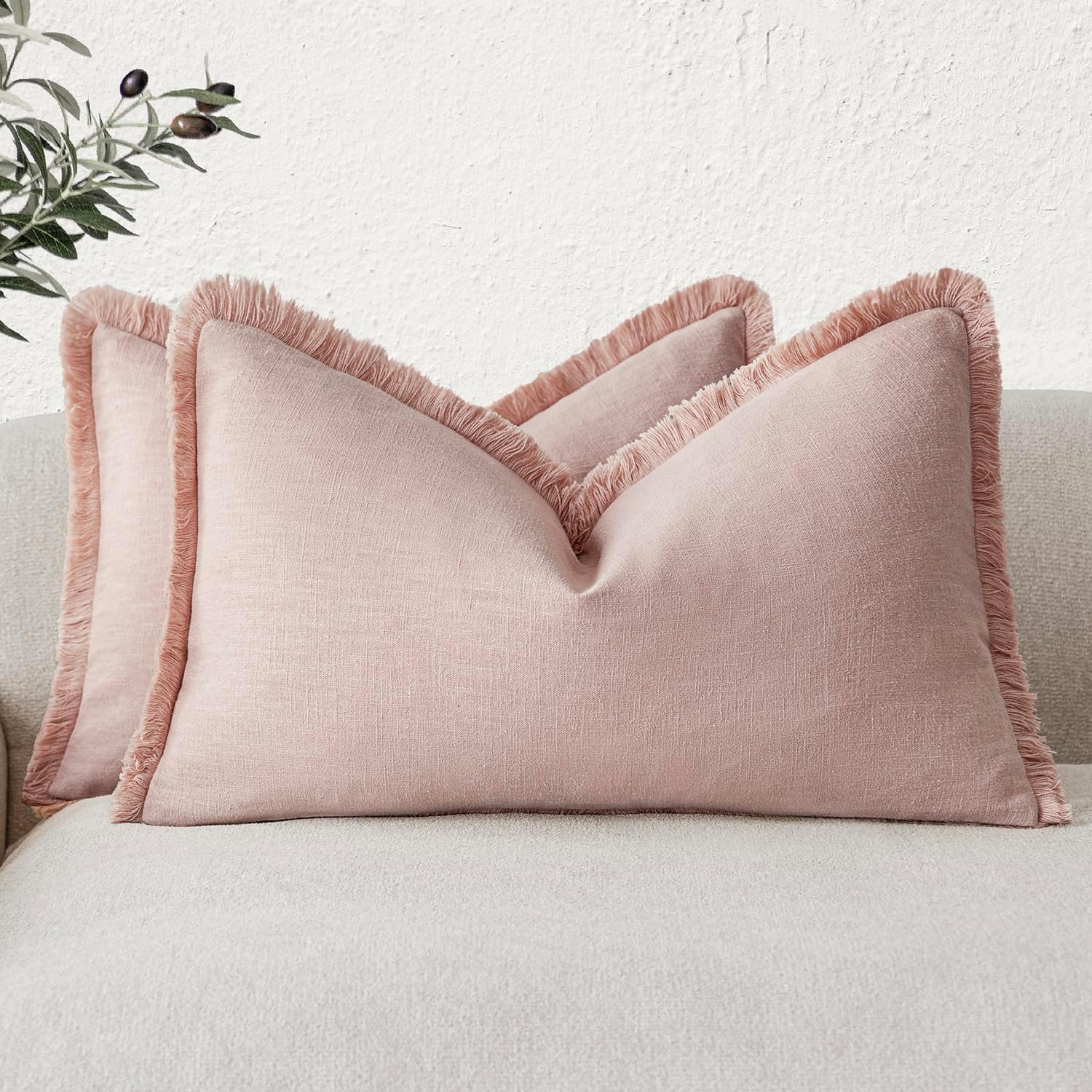 Foindtower Set of 2 Decorative Linen Fringe Throw Pillow Covers Cozy Boho Farmhouse Cushion Cover with Tassels Soft Accent Pillowcase for Couch Sofa Living Room Home Decor, 26×26 Inch, Natural Beige