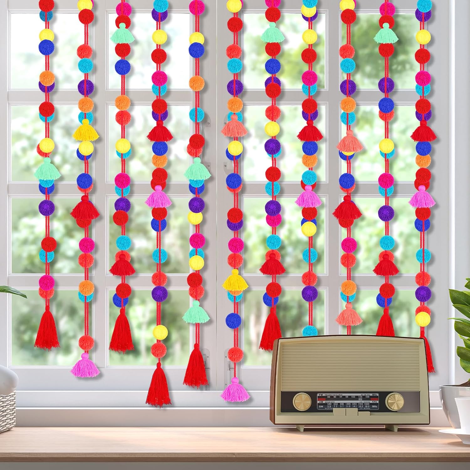 VitalCozy 12 Pcs Mexican Pom Pom Garland Colorful 59 Feet Fiesta Alter Yarn Tassel Day of The Dead Decorations Cinco De Mayo Party Decoration Mexican Tassel Garland Wool Ball Decor