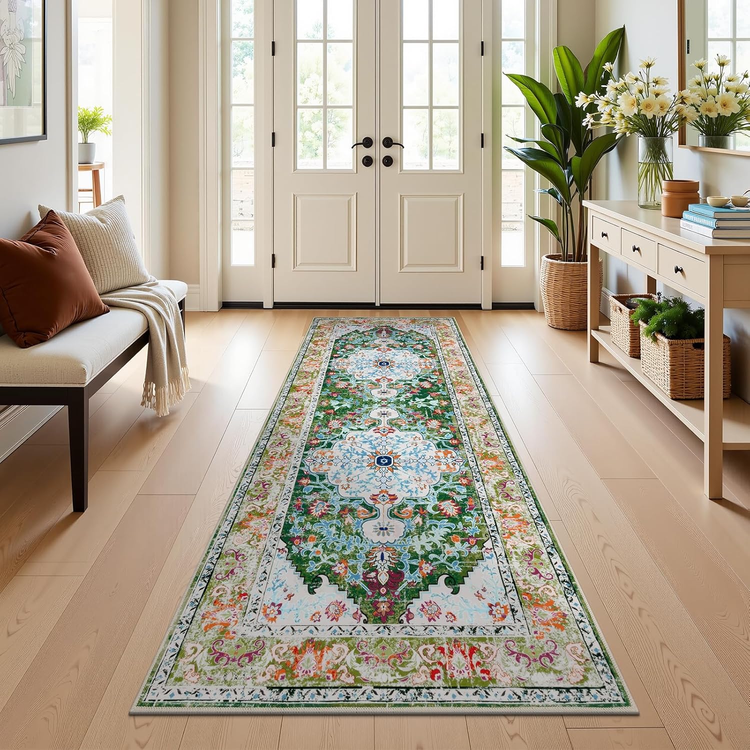 U'Artlines Boho Vintage Area Rug 8x10 Machine Washable Low Pile Soft Floor Carpet Non Slip Non Shedding Accent Rug for Living Room Bedroom Entryway Dining Room Office Cream Tan