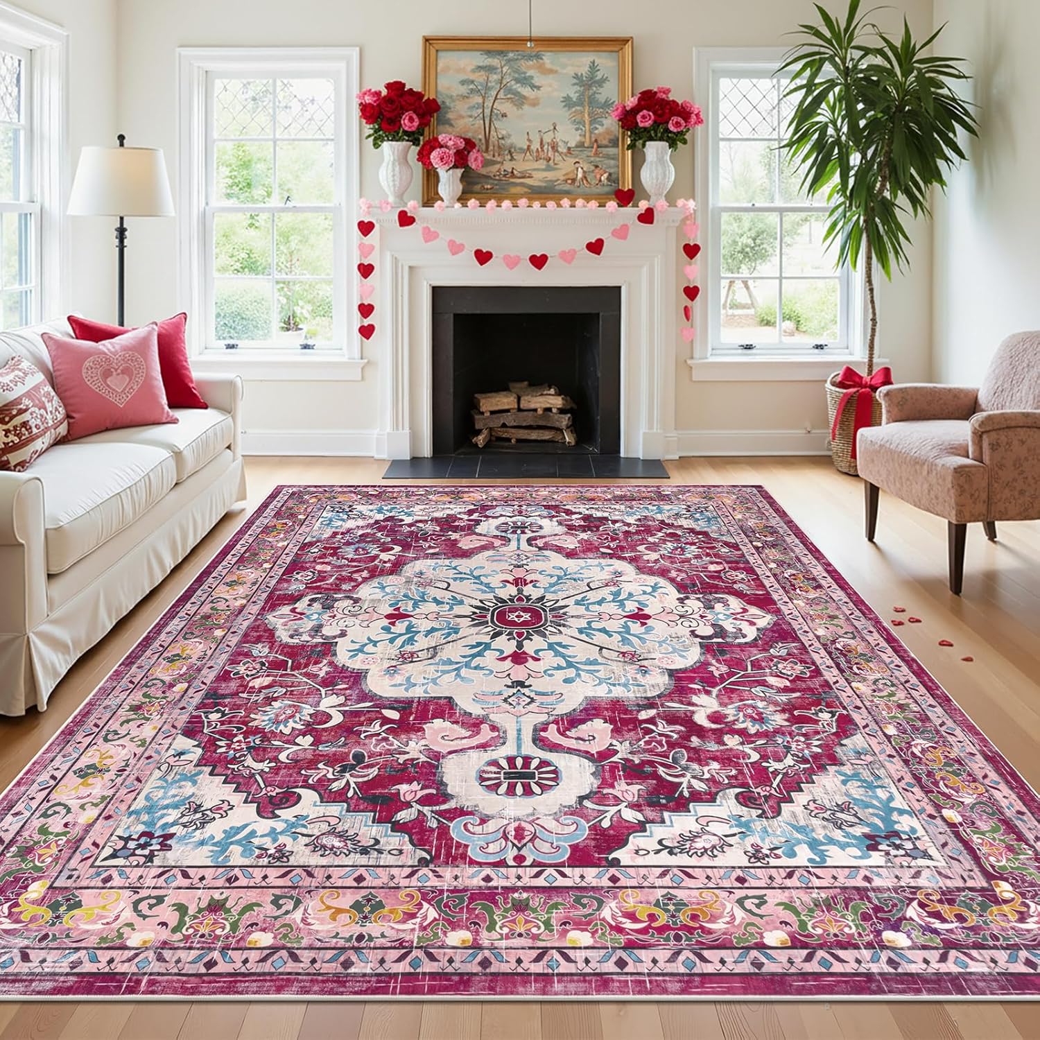 U'Artlines Boho Vintage Area Rug 8x10 Machine Washable Low Pile Soft Floor Carpet Non Slip Non Shedding Accent Rug for Living Room Bedroom Entryway Dining Room Office Cream Tan