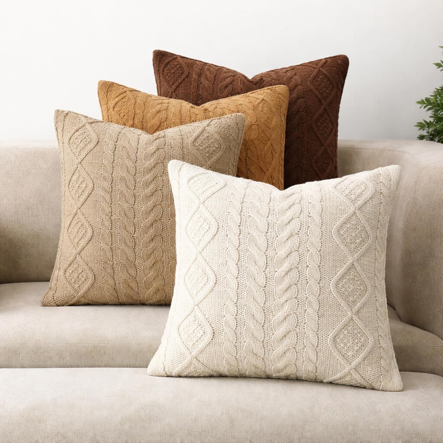 Tegeme Decorative Cable Knit Pillow Covers 18x18 Inch Neutral Sweater Couch Pillow Covers Winter Farmhouse Boho Pillowcase Square Warm Cushion Pillowcases for Bedroom Living Room Sofa