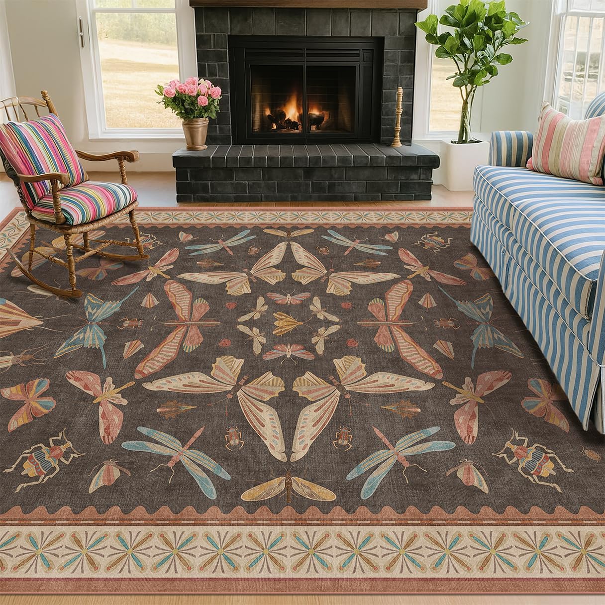 Living Room Rug Black Boho 6x9 - Dining Room Rugs for Under Table, Bedroom, Insect Bug Eclectic Home Décor, Washable Non Slip Foldable